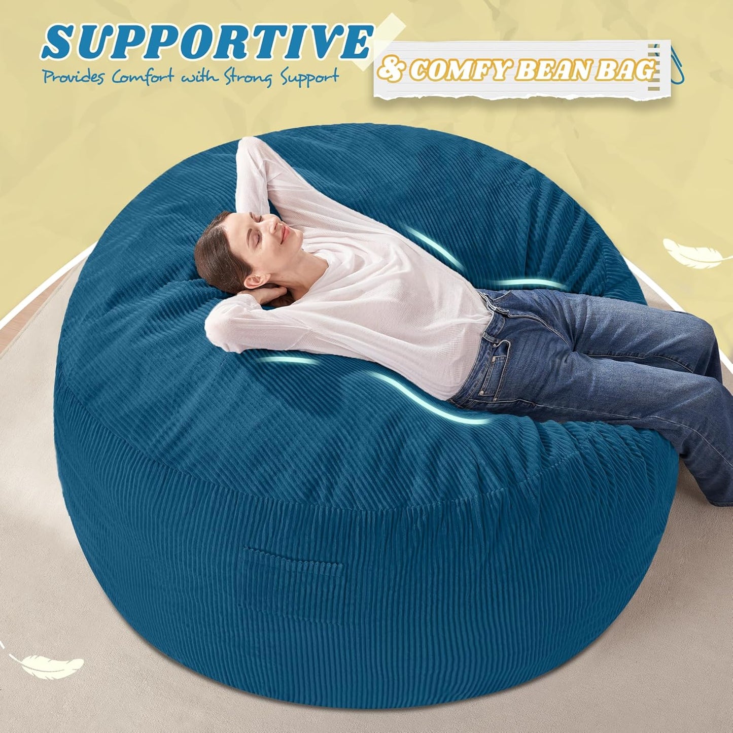 HABUTWAY 4FT Bean Bag Chair,Giant Bean Bag Chairs for Adults,Big Bean Bags with Memory Foam Filled, Large Beanbag Chairs with Soft Corduroy Cover-Dark Blue