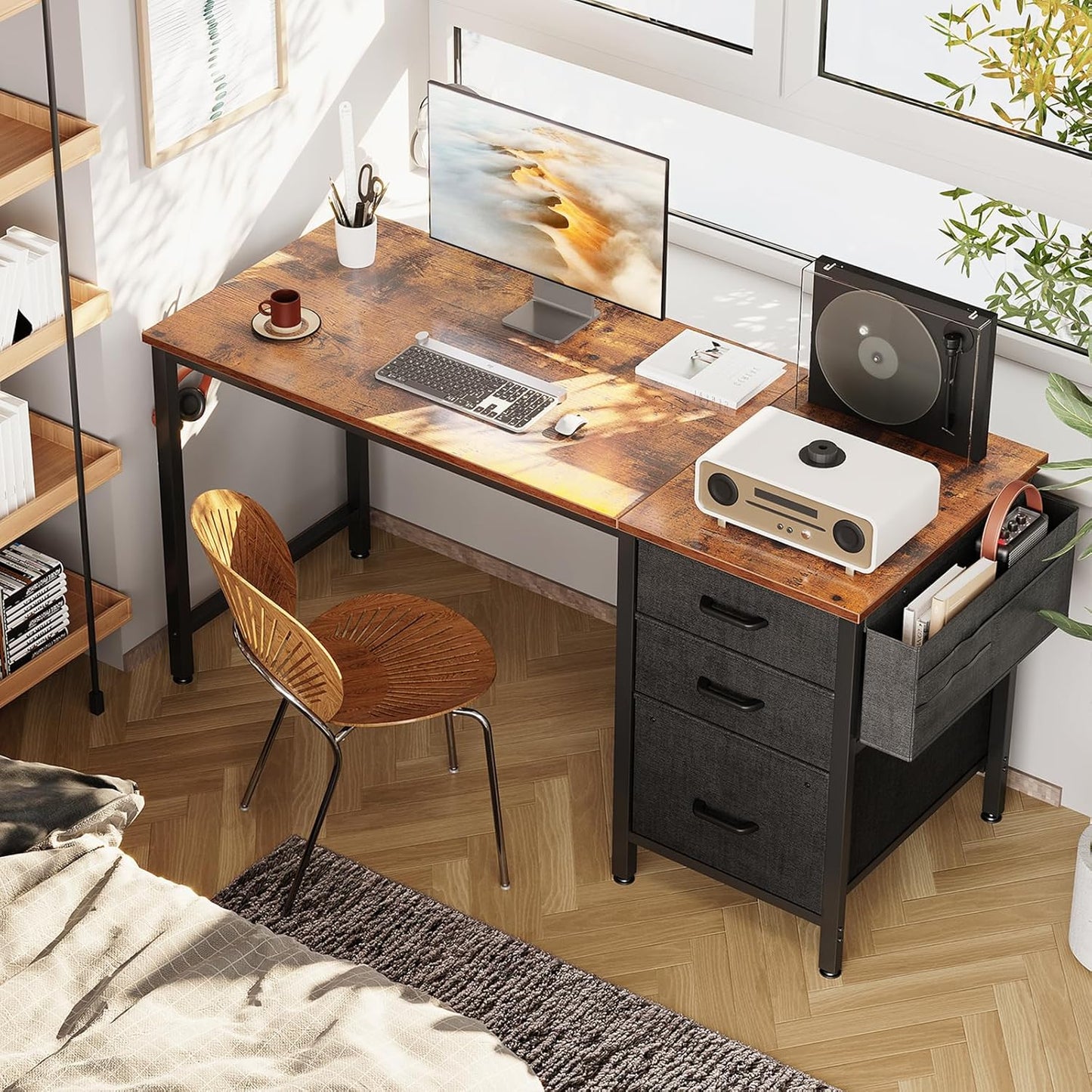 Casaottima 48" Small Computer Home Office Desk for Bedroom with Fabric Drawers & File Cabinet, Cloth Storage Bag and Hook, Writing Study Work Table for Small Space, Vintage