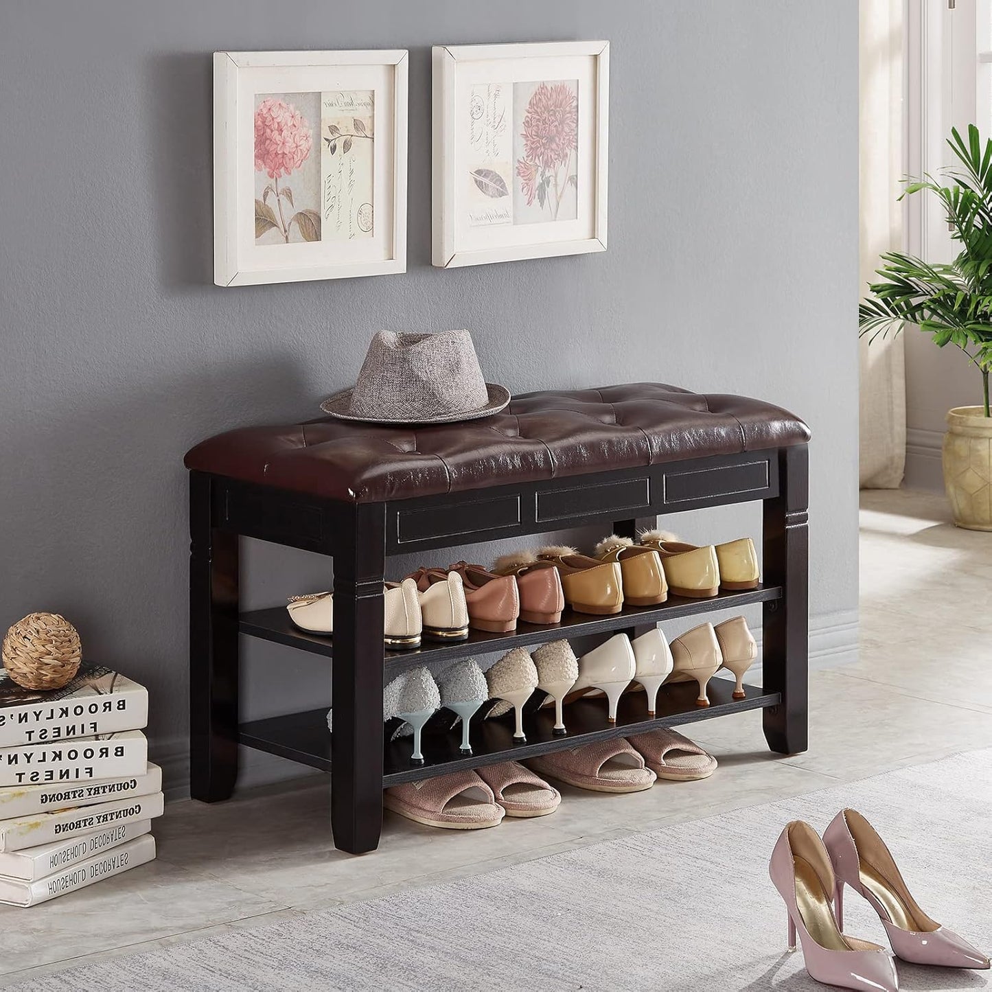 Shoe Storage Bench, Entryway Shoe Rack with Fiberleather Seat 2-Tier Lift Top Organizer Wooden Shoe Bench for Entryway Hallway Living Room (Black 31.5x13.8x18.9'')