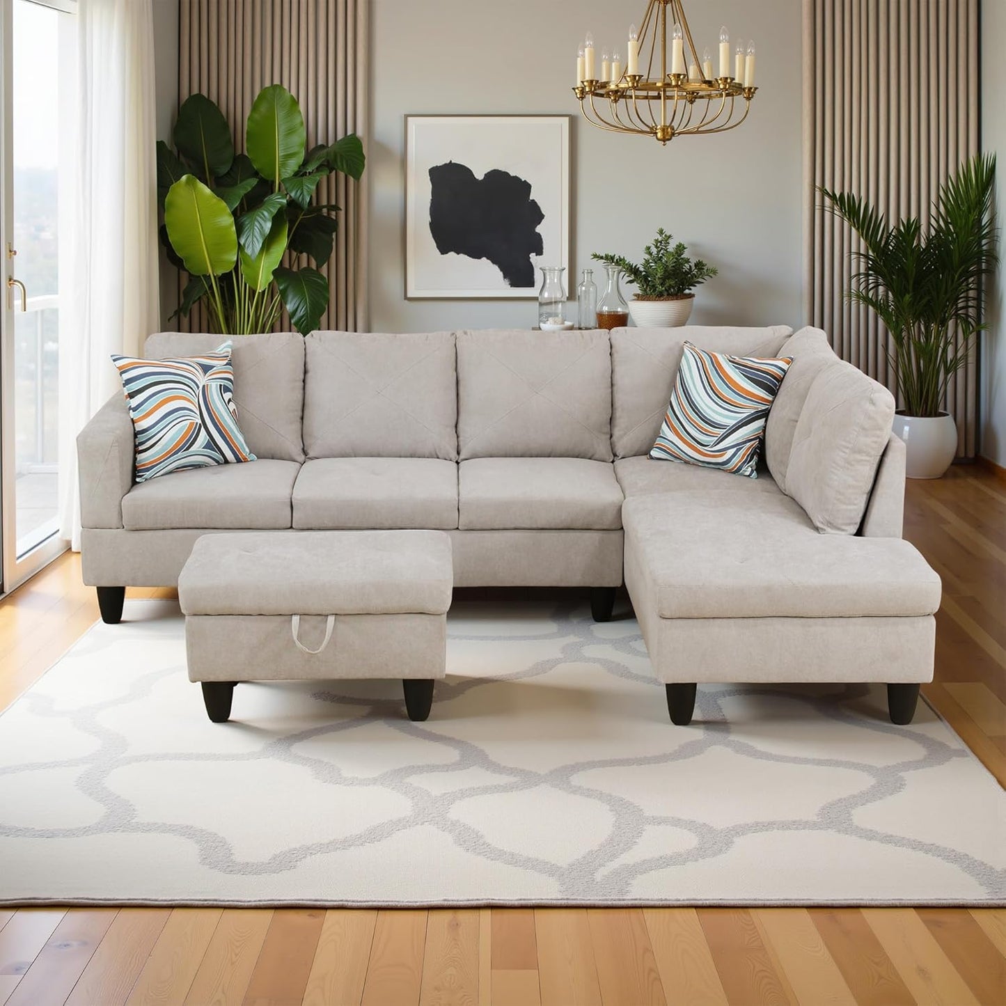 97" Oversized Sectional Couch, L Shaped Couch with Storage Ottoman, Modern Modular Sofa with Deep Seat, Sectional Couches for Living Room and Office, Off-White (Flannelette)