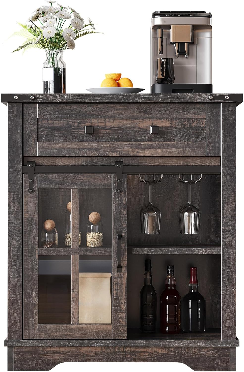 DWVO Farmhouse Coffee Bar Cabinet, Sideboard Buffet Cabinet with Drawer & Adjustable Shelves, Storage Cabinet with Sliding Barn Door for Kitchen and Living Room, Dark Rustic Oak