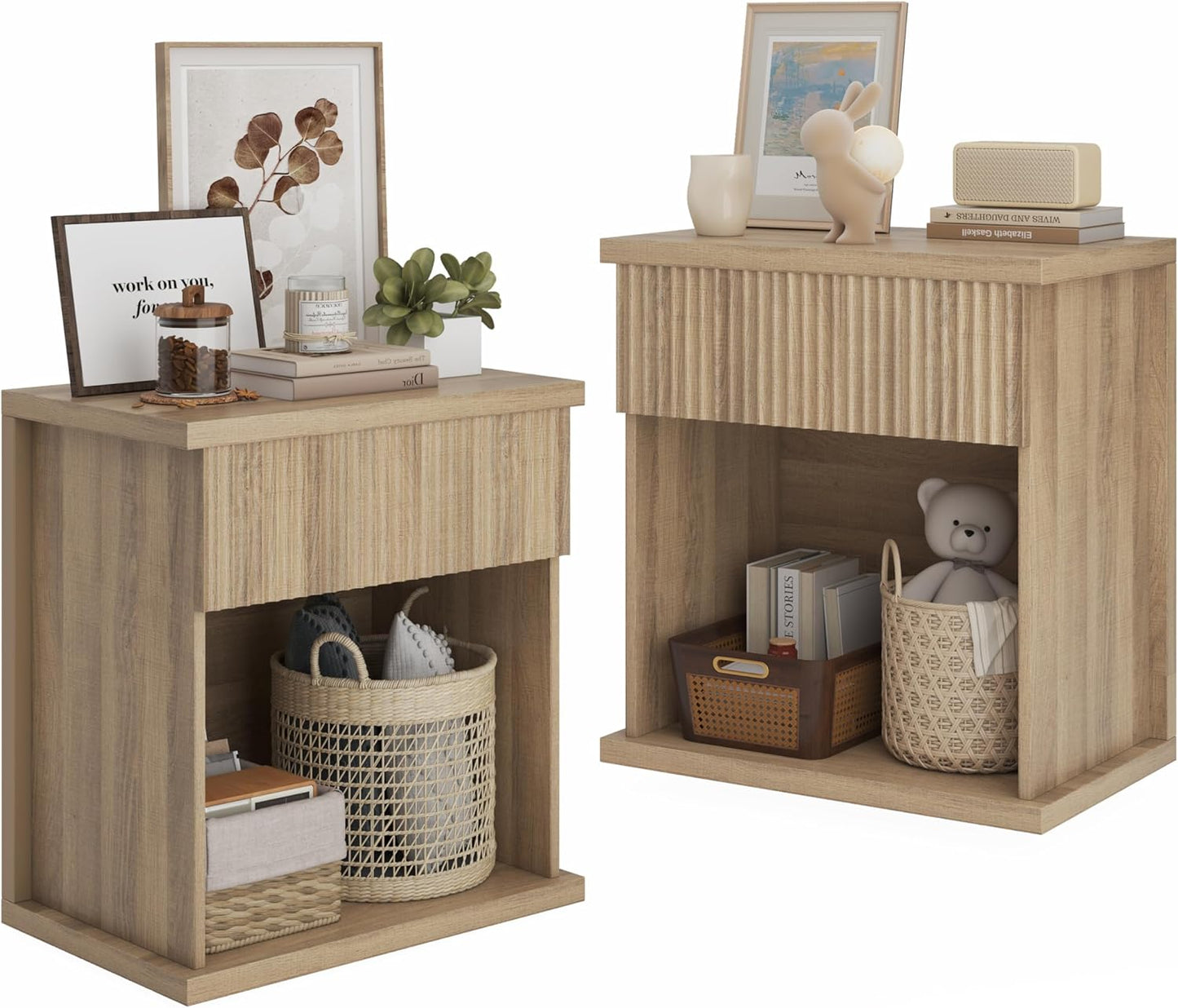 Fluted Nightstand Set of 2, 22.8" Wide Nightstands with Drawer Storage Large Wood BedsideTable Night Stands for Bedroom, Natural Oak