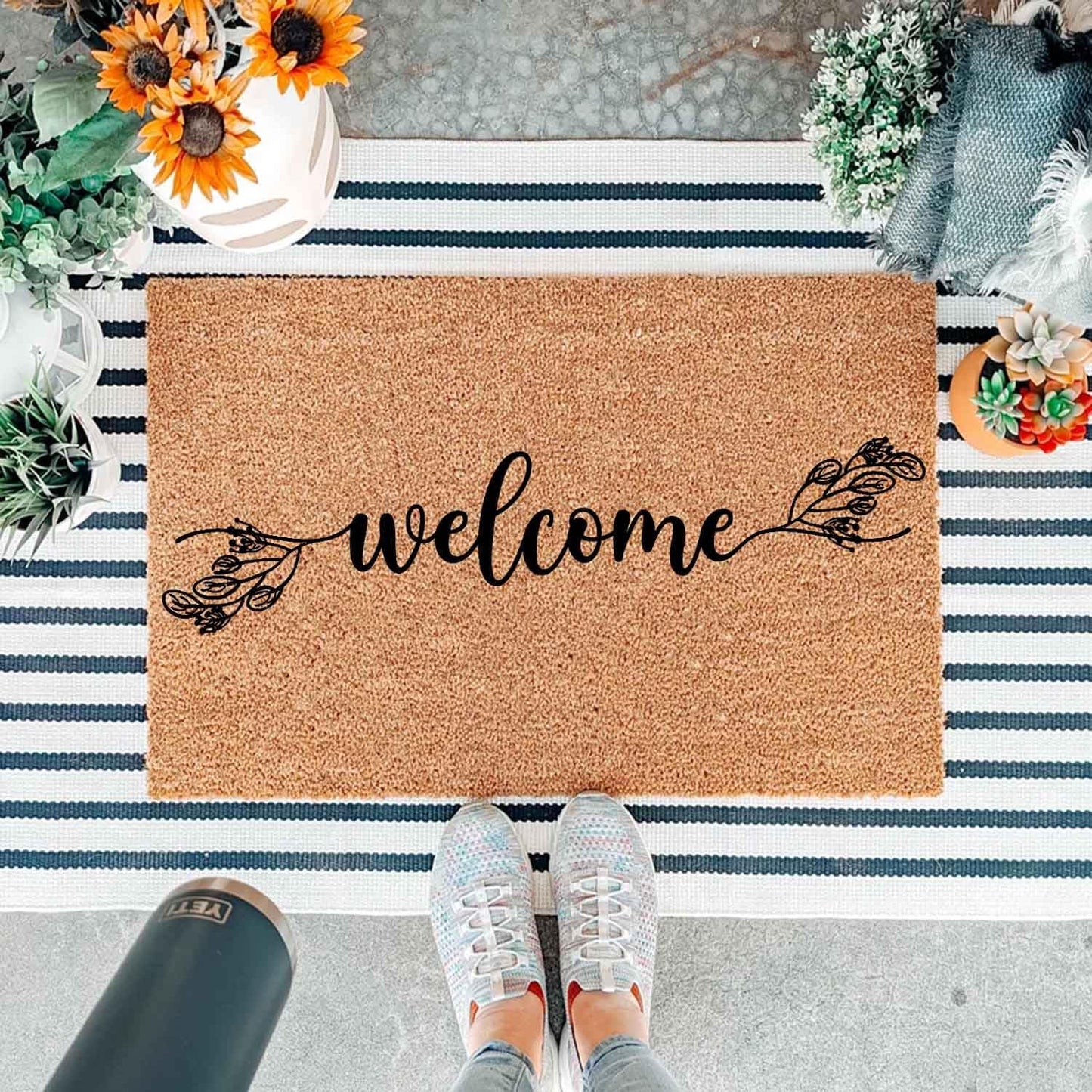 Funny Coir Doormat with Welcome Floral Design Botanical Theme - Front Door Mat, Entryway Welcome Mat, 23.7 x 15.7 inch