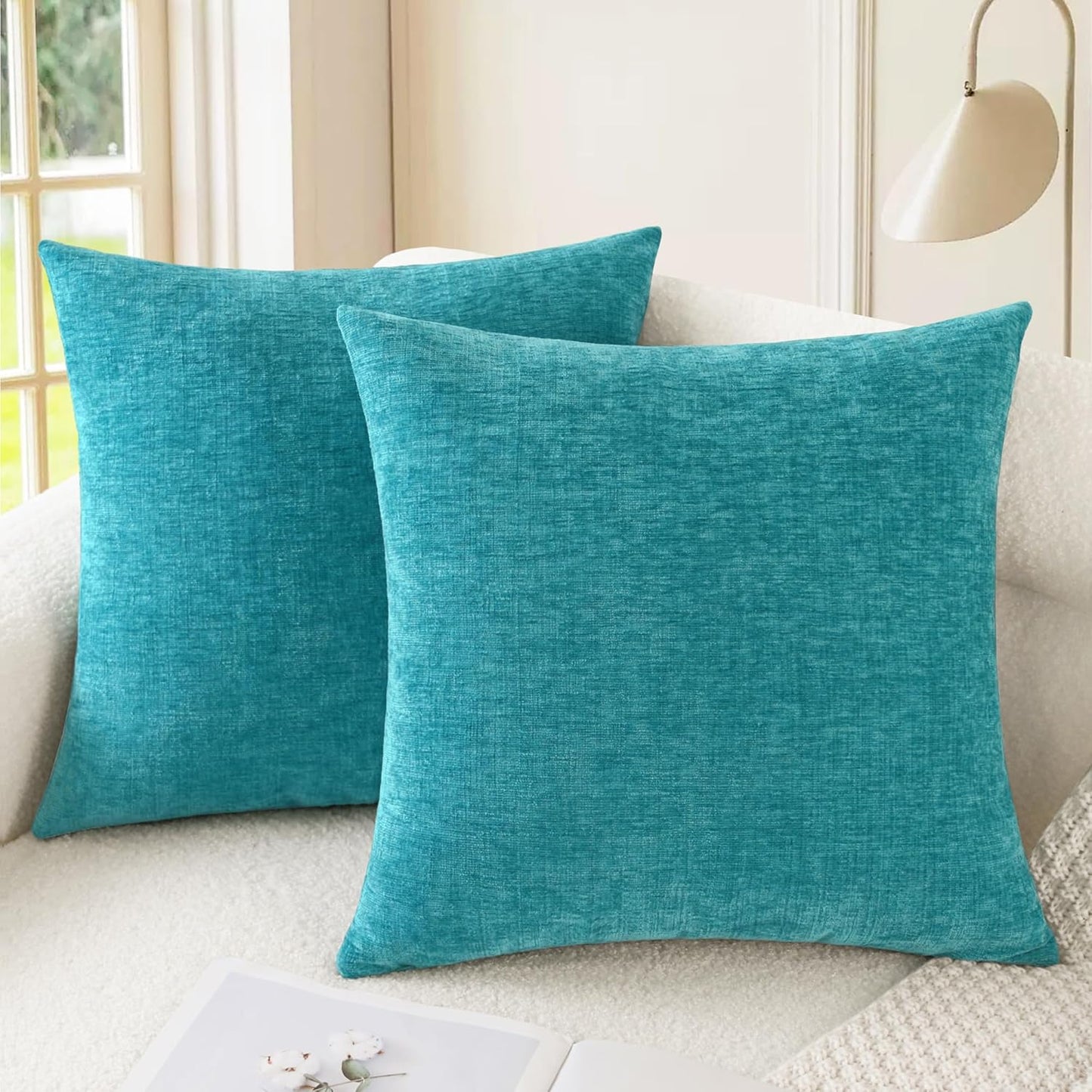 CaliTime Throw Pillow Covers Decorative 18 X 18 Inches Pack of 2 Cozy Chenille Cushion Cases for Couch Sofa Bed Living Room Home Lake Blue