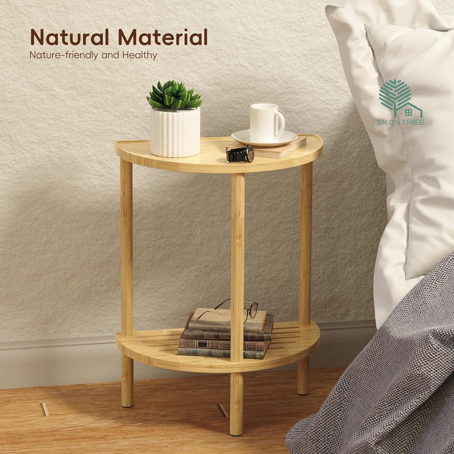 End Table, Half Moon Side Tables, Living Room Half Round 2 Tier Table for Small Space, Living Room Bedroom Couch Tables with Storage Shelf (Natural)
