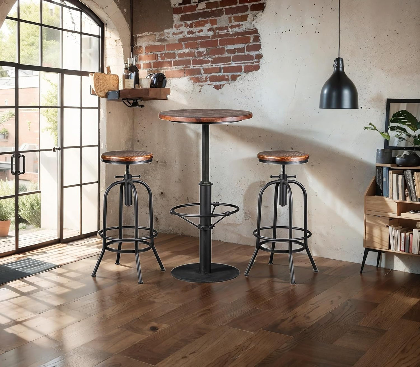 LOKKHAN 42" Tall Rustic Industrial Bar Table-19.68" Dia Round Wooden Top Metal Bar Height Adjustable Standing Pub Table-Dining Room Bistro Table-Cocktail Table