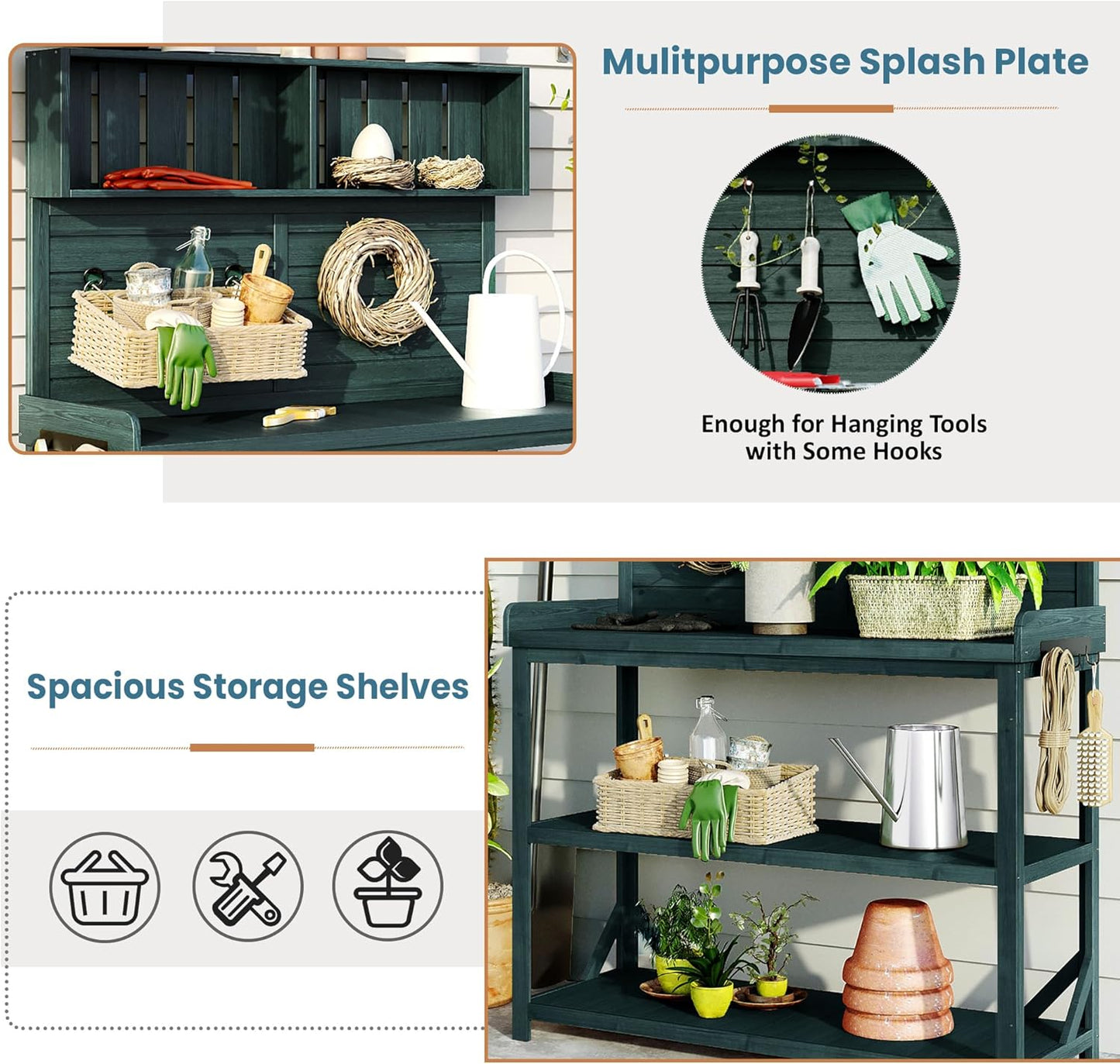 Merax 65" Large Wooden Farmhouse Rustic Outdoor Potting Bench Table with 4 Storage Shelves and Side Hook, Patio Workstation, for Garden, Backyard, Forest Green