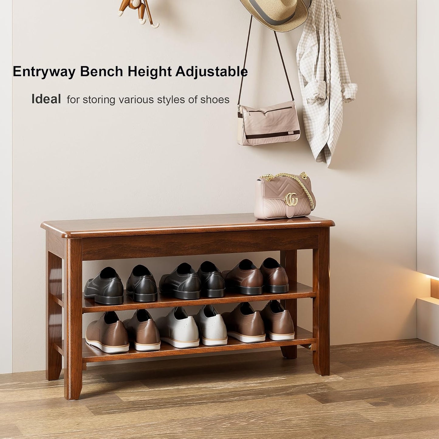 Shoe Storage Bench for Entryway - 3 Tier Shoe Rack for Front Door Entrance, Rubberwood Shoes Rack Height Adjustable, Entryway Bench with Shoes Storage for Any Room (Walnut, 31.5" W)