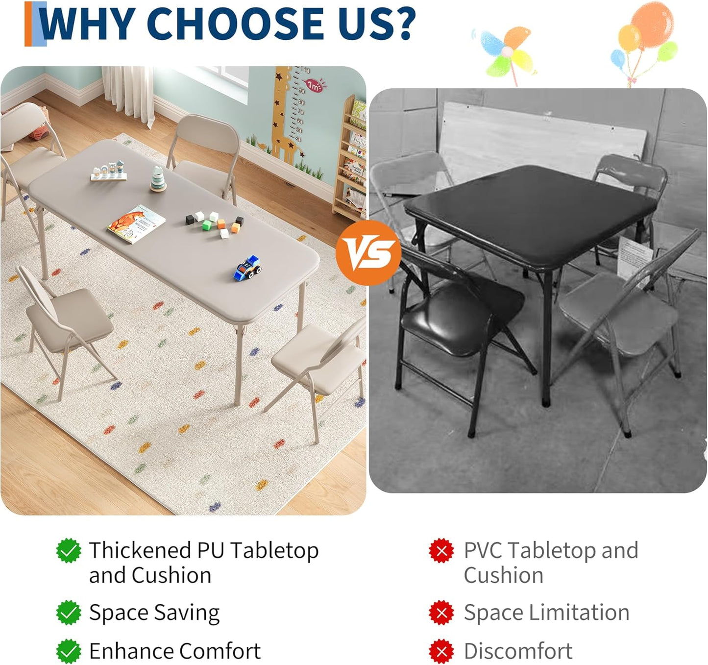 IDEALHOUSE 5 Piece Folding Kids Table and Chairs Set, Children Activity Table and Chairs Set for Dining Room,Daycare,Classrooms