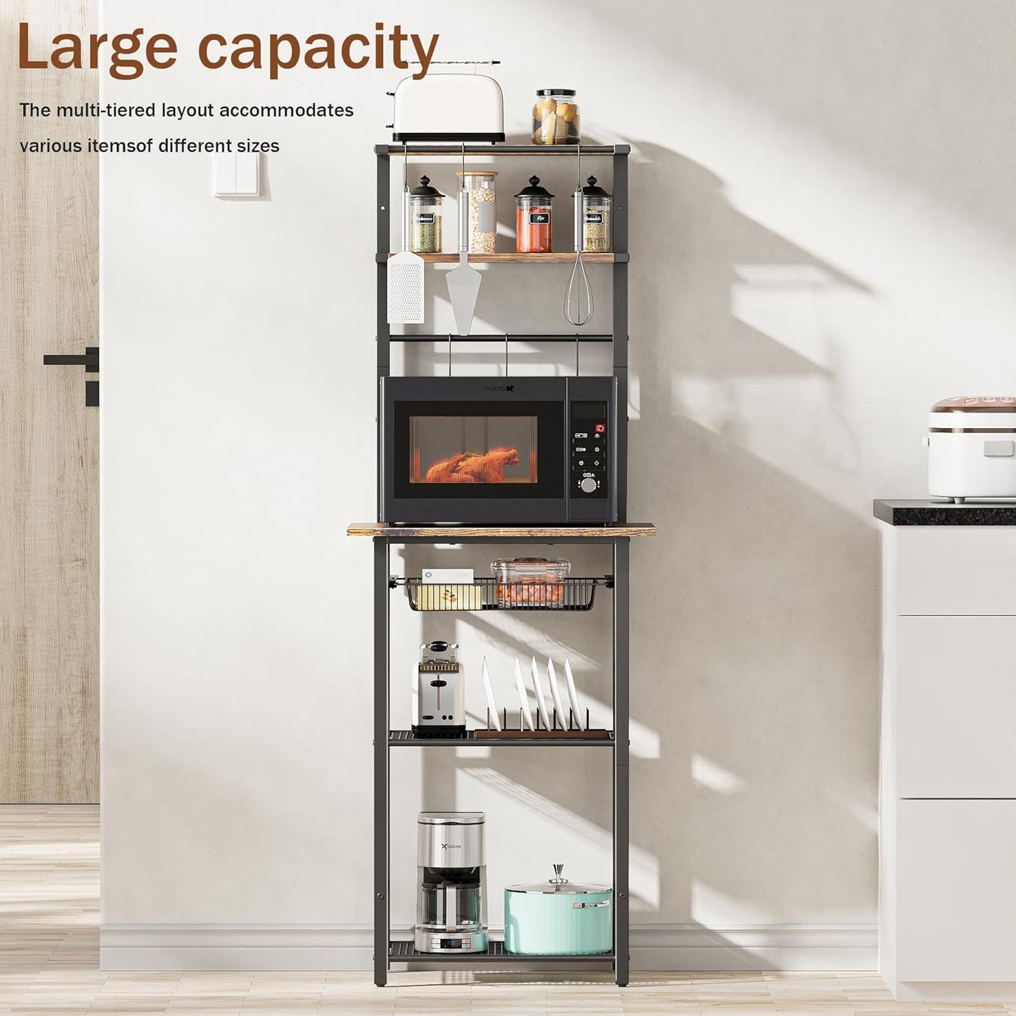 Kitchen Bakers Rack, 6-Tier Microwave Stand with Storage, Multifunctional Coffee Bar with Mesh Basket, Tall Utility Kitchen Storage Shelf, 5 Hooks, Easy Assembly, Rustic Brown