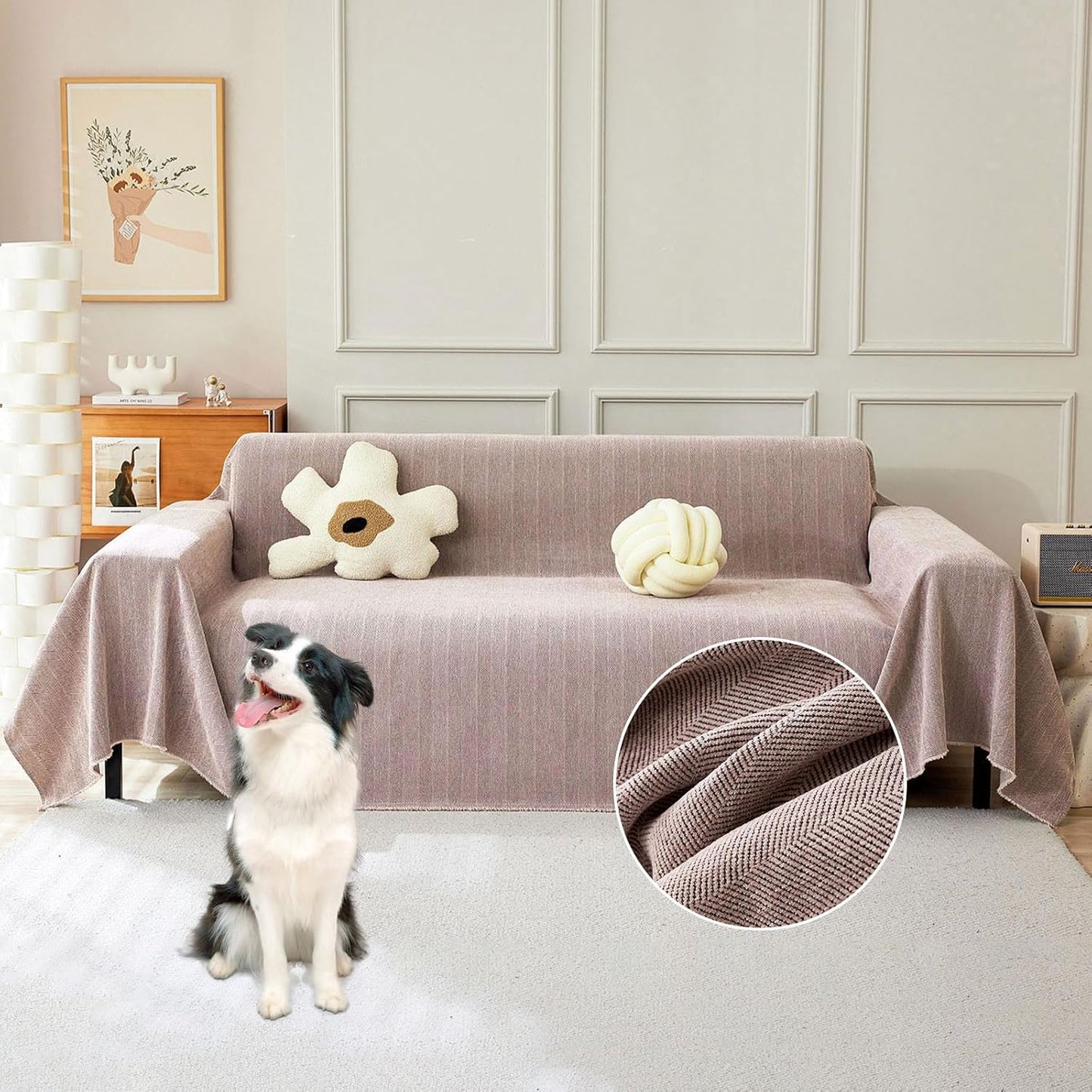 STACYPIK Thick Pink Geometric Sofa Covers for 3 Cushion Couch Reversible Herringbone Dogs Couch Covers0 Pet Scratch Protector Blanket for Living Room Chenille Cushion Covers with Tassel-91X150IN