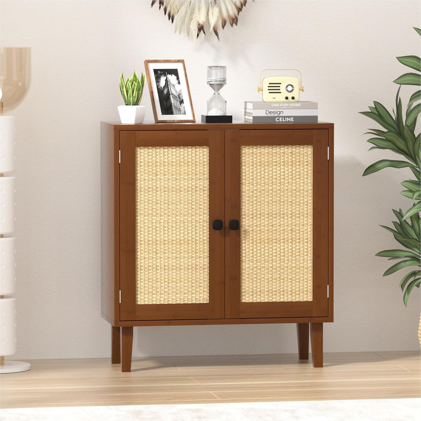 Bamboo Sideboard Buffet Cabinet with Rattan 2 Doors Kitchen Cupboard Accent Entryway Living Room Cabinet Chestnut Brown