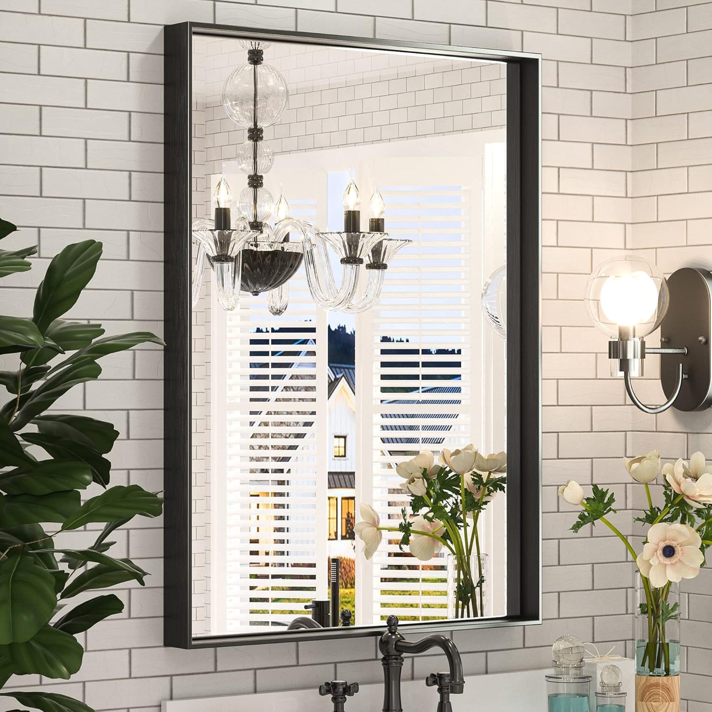 Keonjinn Black Bathroom Mirror 22 x 30 Inch, Brushed Black Framed Mirror for Over Sink, Rectangle Wall Vanity Mirror with Square Corner, Alumium Frame