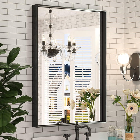 Keonjinn Black Bathroom Mirror 22 x 30 Inch, Brushed Black Framed Mirror for Over Sink, Rectangle Wall Vanity Mirror with Square Corner, Alumium Frame