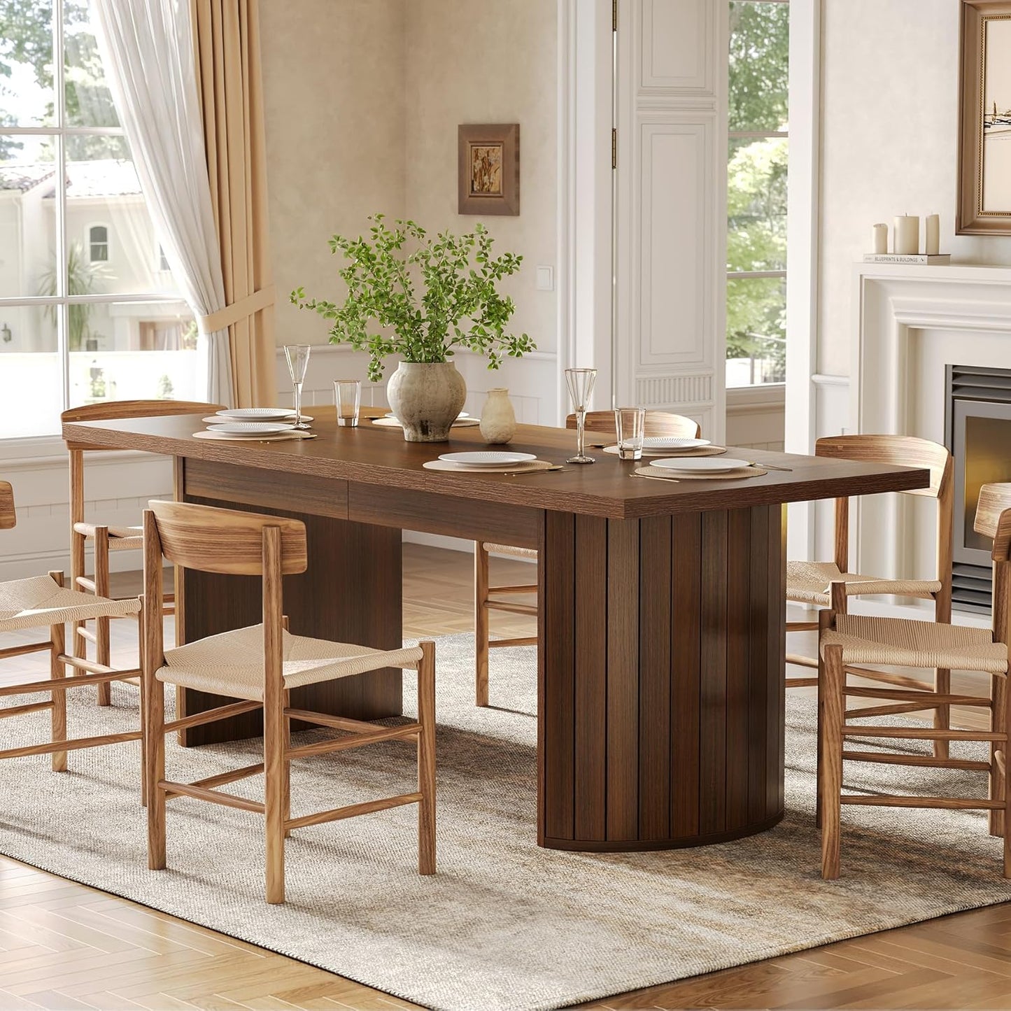 1Easylife 78.74 Inches Long Dining Table for 6, All Wooden Rectangle Kitchen Table, Vintage Dinner Table, Large Dining Room Tables with Half Round Pedestal Fence Design, Deep Brown