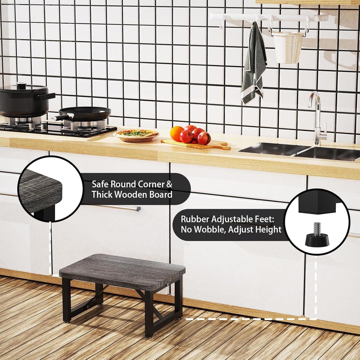 One Step Stool, Wooden Foot Stool for Adults, Small Stepping Stool for Bed and Closet, Heavy Duty Step for Kitchen, Dorm, and Indoor Use, Dark Gray