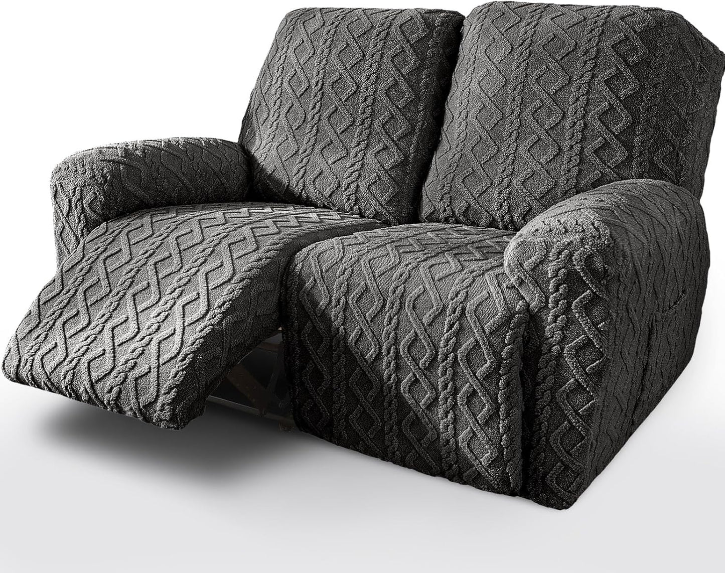 vctops 6 Pieces Geometric Jacquard Plush Recliner Loveseat Slipcovers Soft Fuzzy Fluffy Sofa Couch Cover Anti-Slip Furniture Protector with Elastic Bottom for Kids Cats Dogs(Dark Grey,2 Seat)