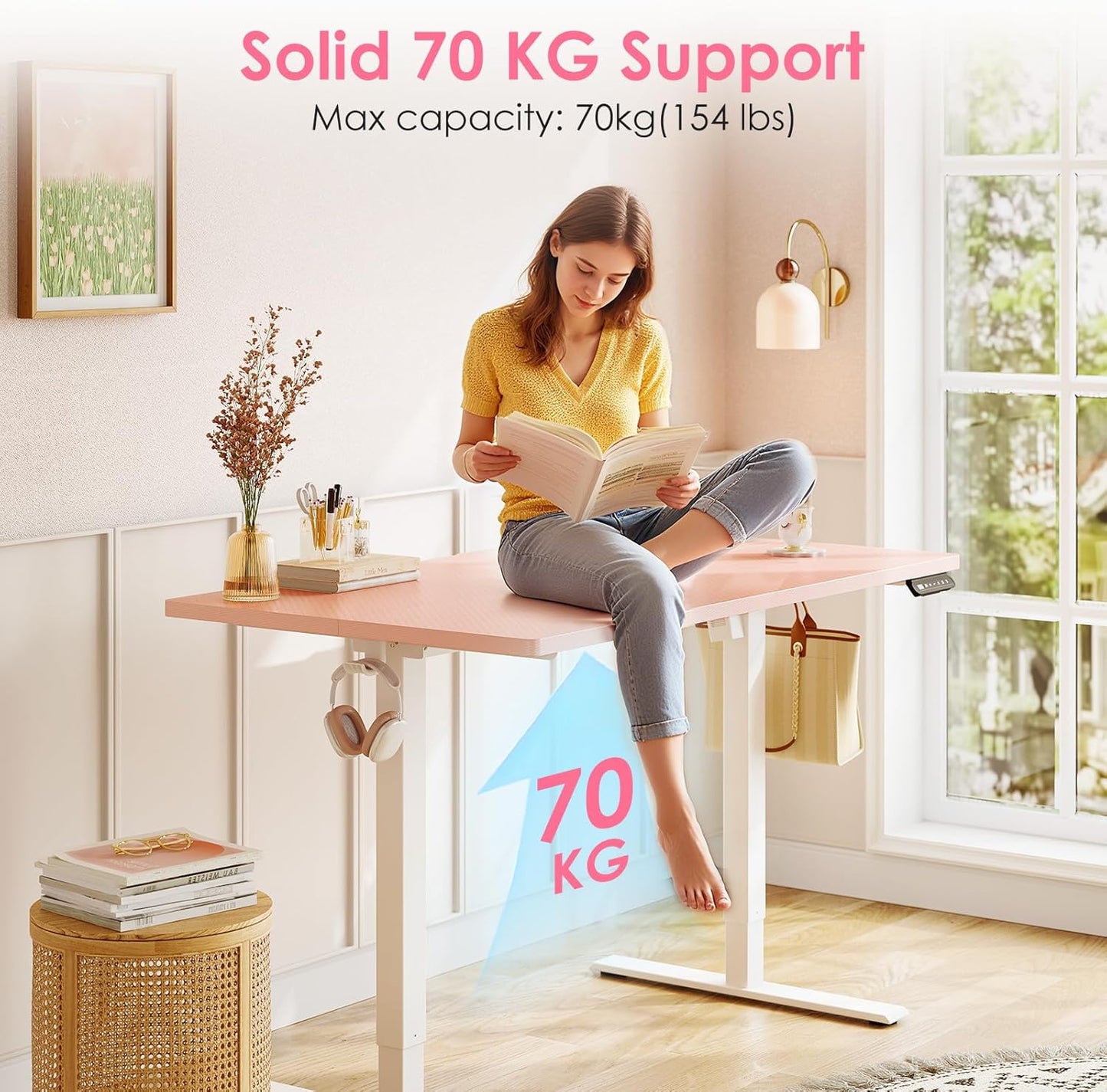 OffiGo Electric Height Adjustable Standing Desk, 40 Inch Pink Computer Desk for Women Girls, Sit Stand Table for Home, Office, Bedroom