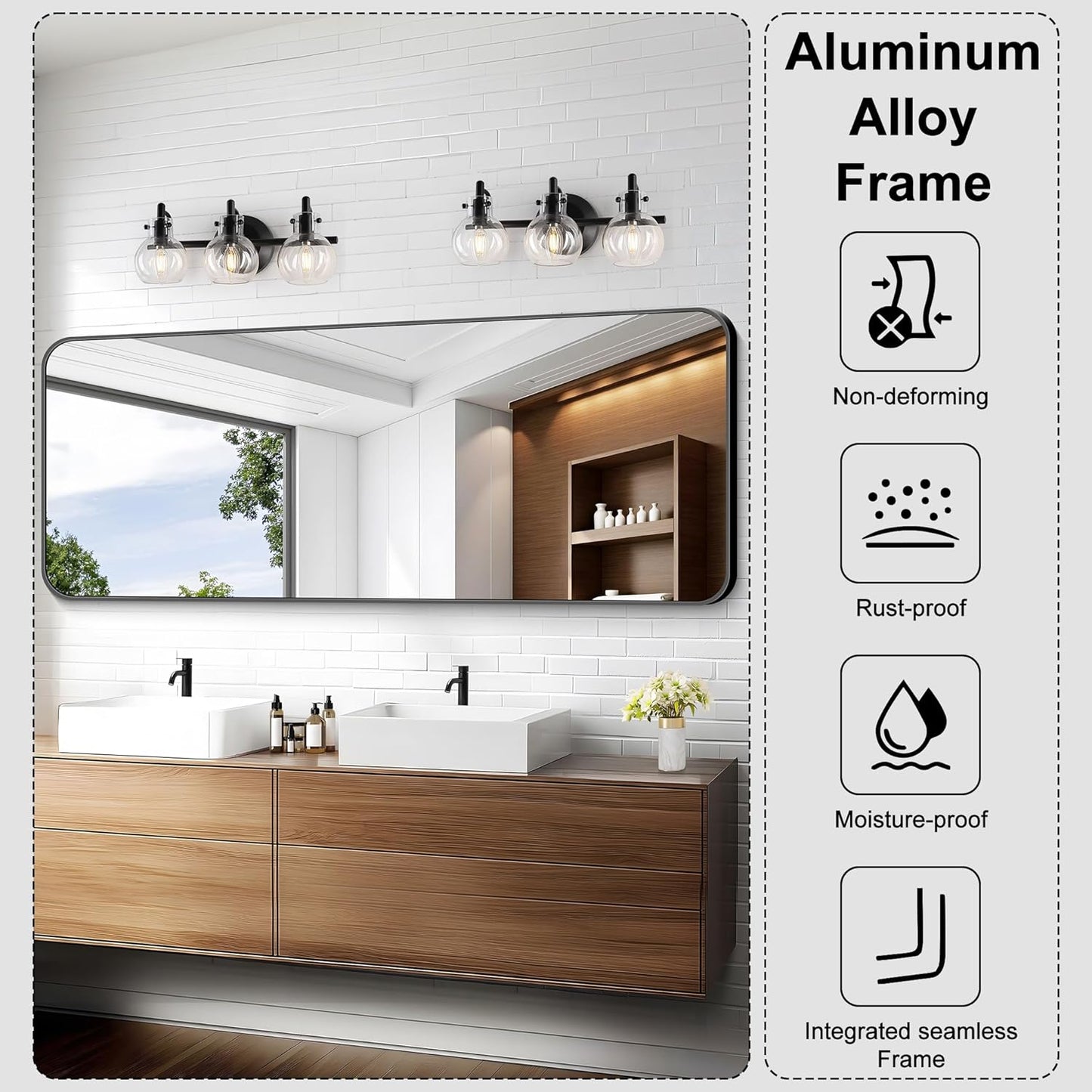 KOCUUY Black Bathroom Mirror 60"x24", Large Vanity Mirror with Rounded Corner, Metal Black Frame with Mordern Design for Bathroom, Living Room, Entryway, Hang Horizontal/Vertical