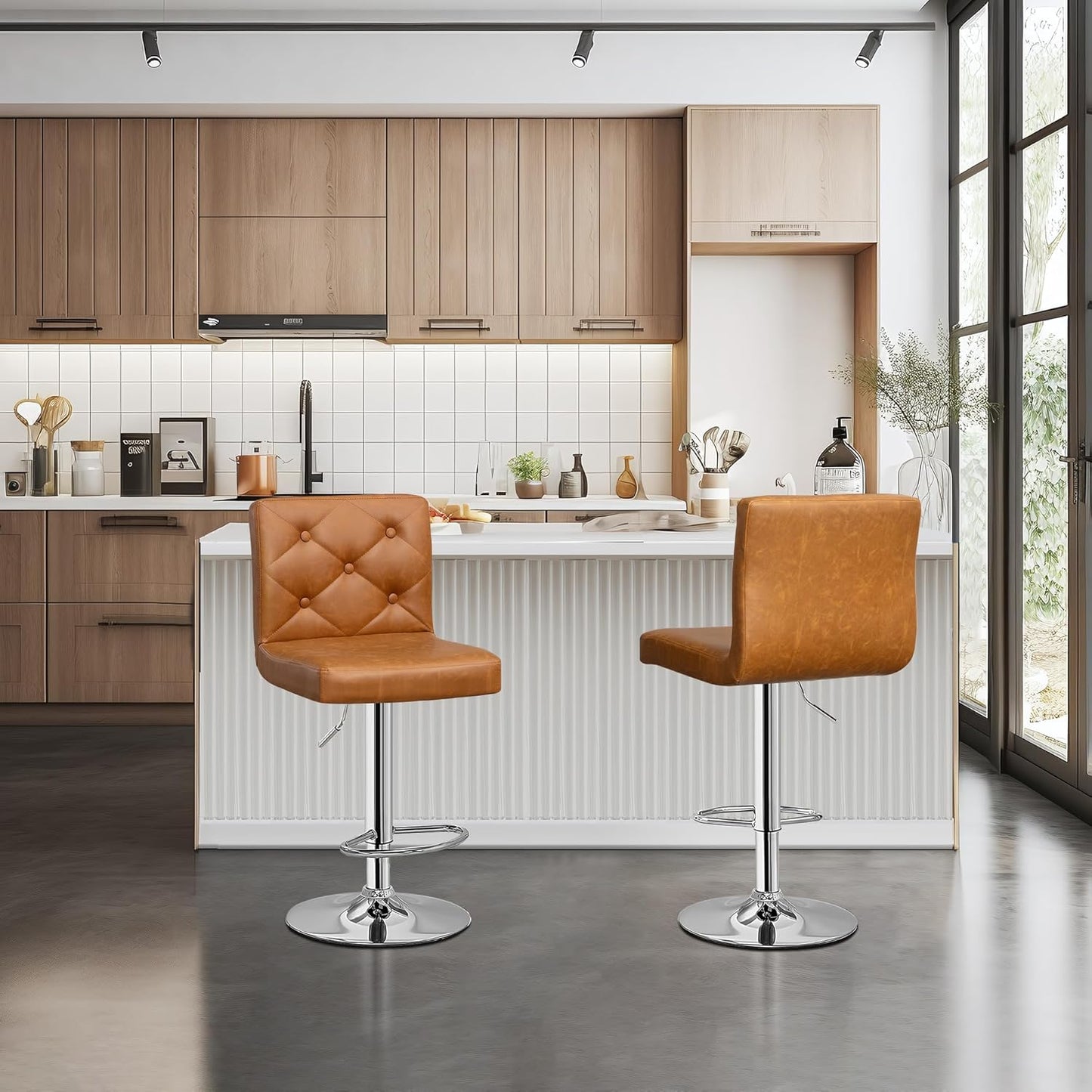 VECELO Adjustable Bar Stools Set of 2, Bar Height Stools for Kitchen Counter,Brown