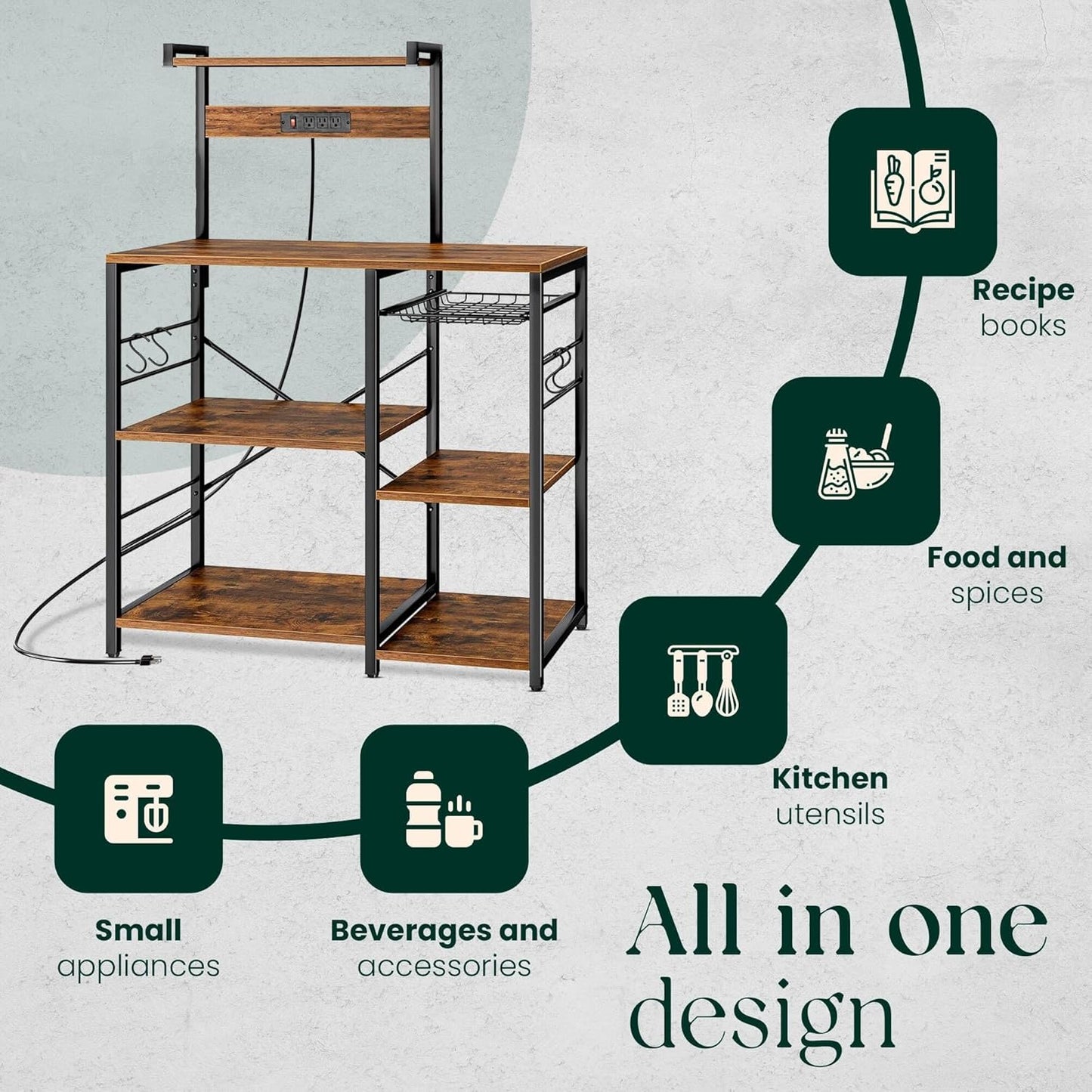 Kitchen Bakers Rack with Power Outlet & Hangers - 35.5x15.7x51.6 Kitchen Storage Rack Useful as Microwave Stand, Coffee Station and as Extra Shelves - Perfect for Organized & Stylish Kitchens