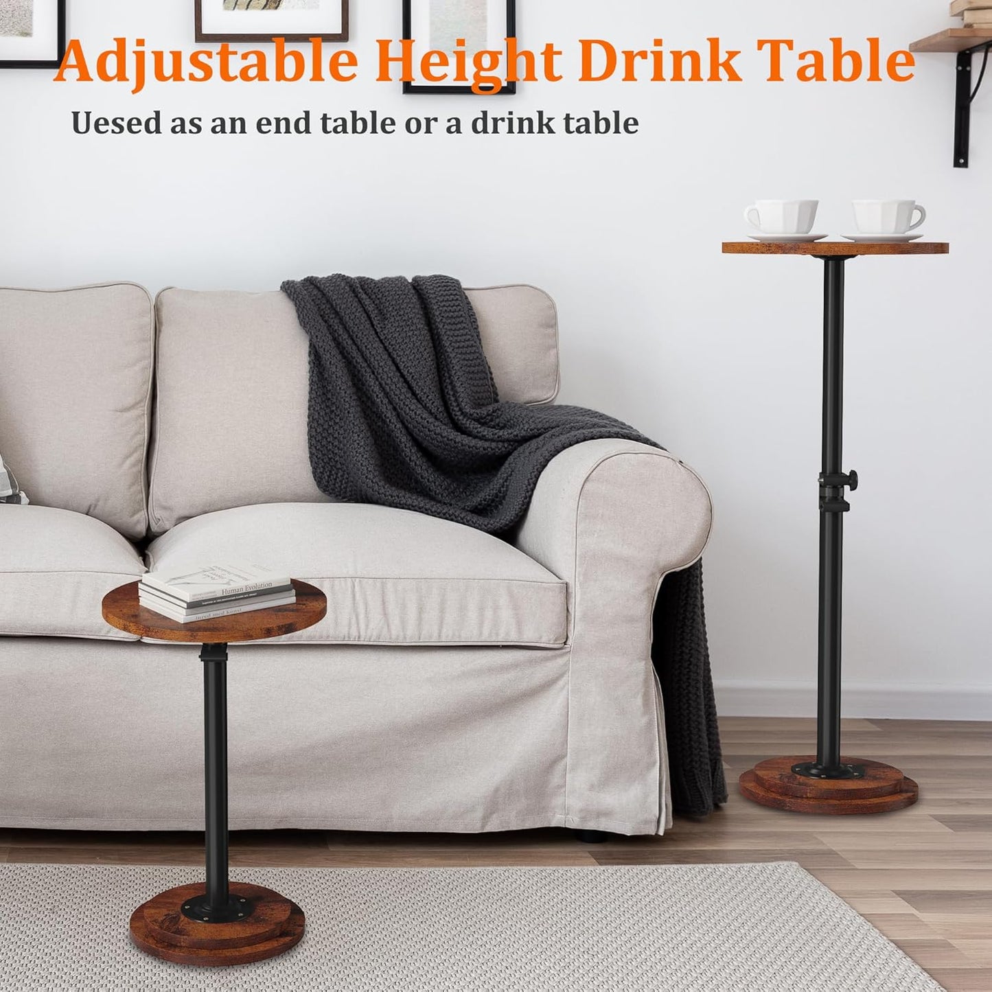 2Pack Drink Table - 360° Swivel Height Adjustable for Small Spaces, Round Side Martini Pedestal Table for Sofa Couch, Living Room, Bedroom, Vintage