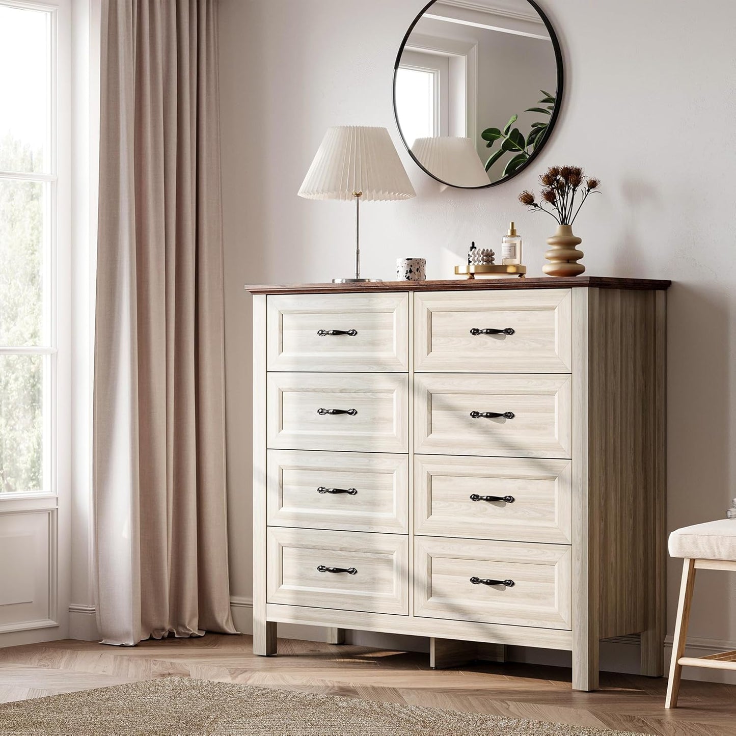 LINSY HOME 8 Drawers Dresser for Bedroom, 47" Wide Wooden Storage Chest with Antique Handles, Modern Farmhouse Dresser TV Stand with Wood Legs for Closet, Living Room, Hallway, Beige