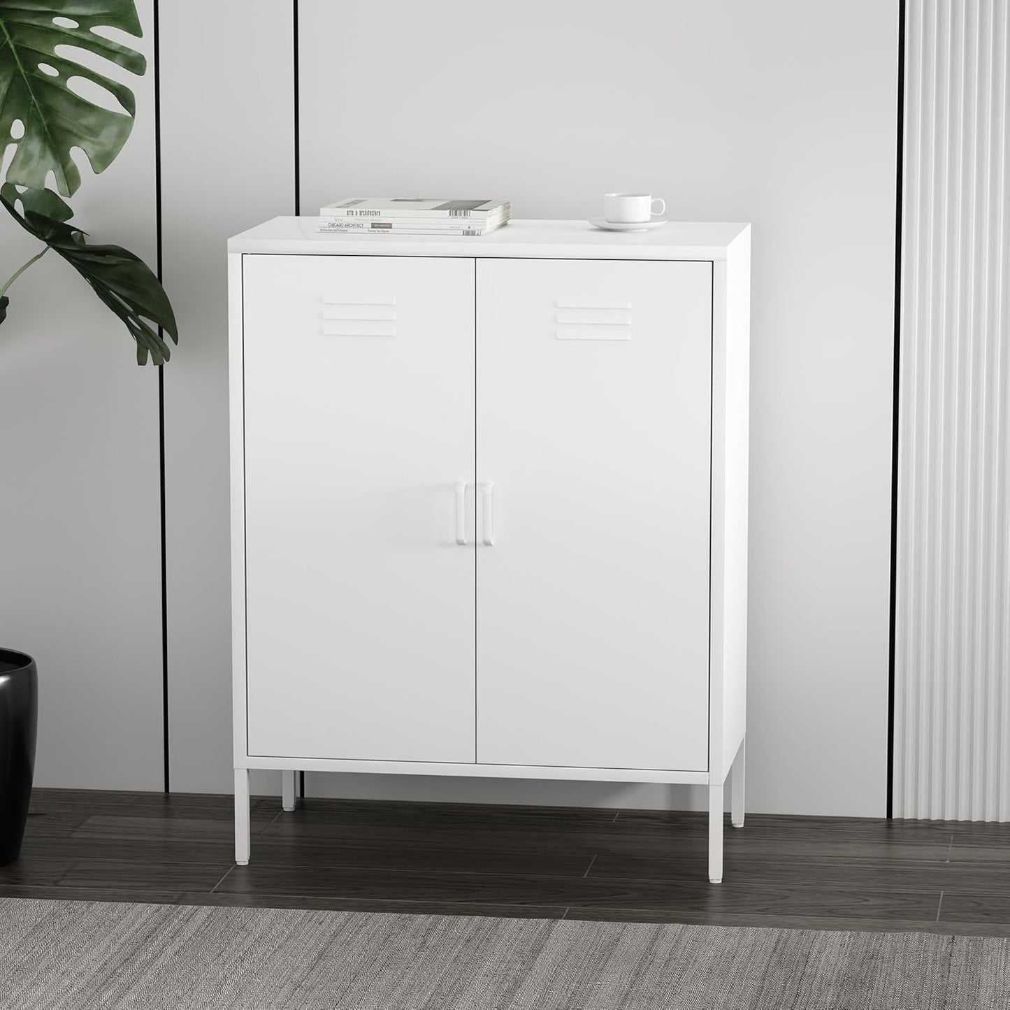 Manhattan Comfort Naomi Modern Metal Accent Cabinet, Minimalist Storage Cabinet with Doors & Adjustable Shelves, Vented Doors, Sturdy Steel Build, Versatile & Multi-Purpose Home Furniture, White