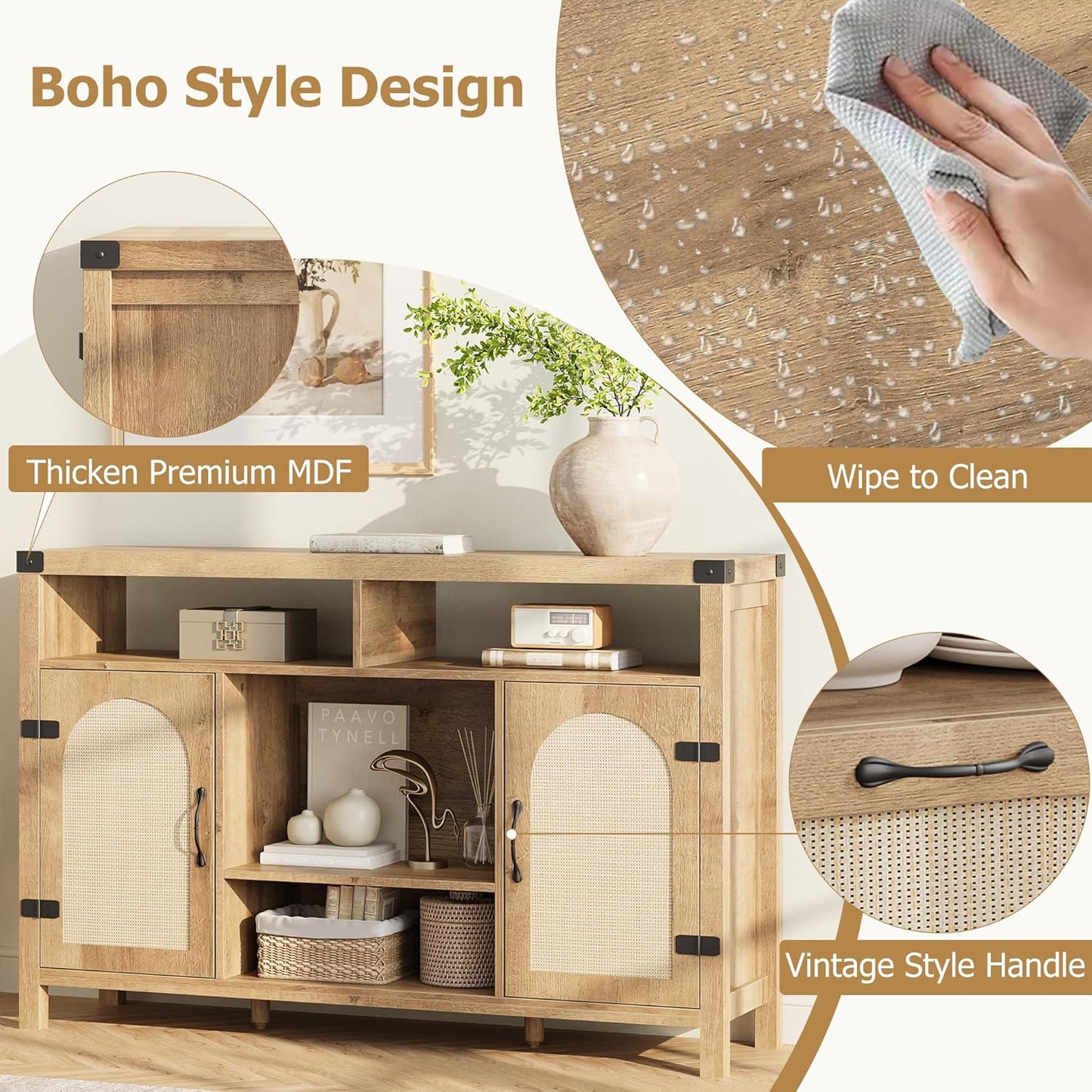 IDEALHOUSE Rattan Buffet Cabinet with Storage, Rattan Wine Bar Cabinet, Sideboard with Glass Holder, Adjustable Shelves, Coffee Bar Cabinet for Living Room Dining Room Hallway, Natural