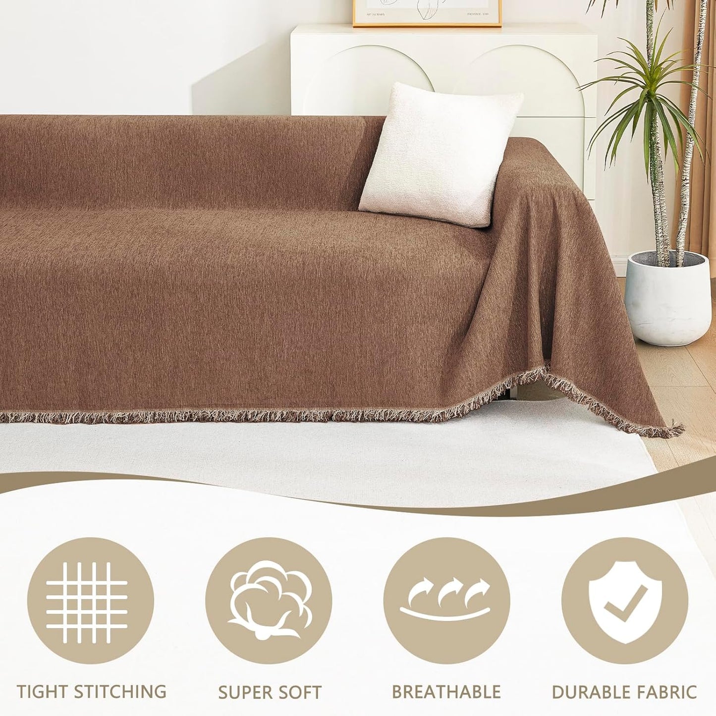 MYSKY HOME Boho Couch Cover Camel Sofa Covers with White Tassel Farmhouse Sofa Slipcover Simple Couch Protector for Dogs Chenille Sectional Couch Covers L Shaped Couch Cushion Covers, 91"x 134"