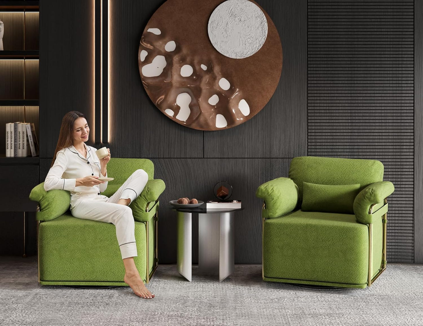 KEIKI Modern Comfy Swivel Accent Reading Chair with Waist Pillows, 360°Square Upholstered Barrel Armchair Single Club Lounge Sofa Chairs for Living Room,Bedroom,Office,Green