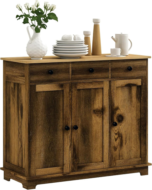 HOMCOM Sideboard with Solid Wood Countertop, Modern Kitchen Storage Cabinet, Coffee Bar Cabinet with 3 Drawers, Doors and Adjustable Shelf, Rustic Brown