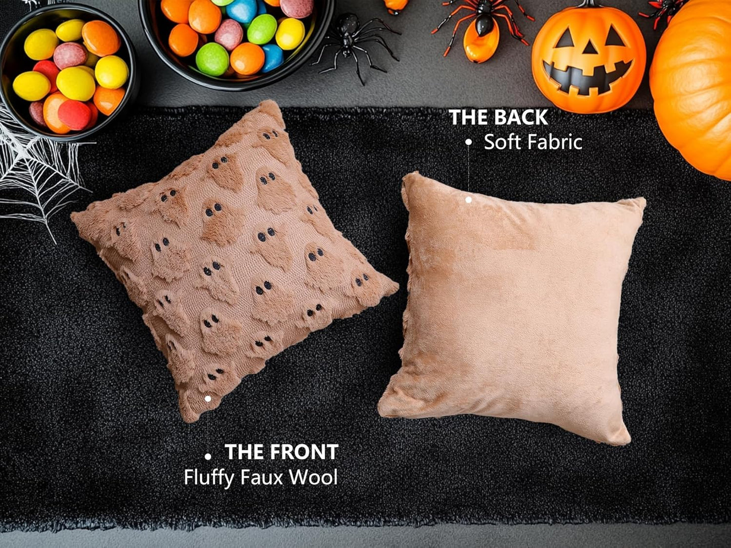 4TH Emotion Halloween Ghost Decorative Pillow Covers 16x16 Set of 2, Light Brown Soft Plush Faux Fur Farmhouse Throw Cushion Cases for Fall Autumn Holiday Home Decorations