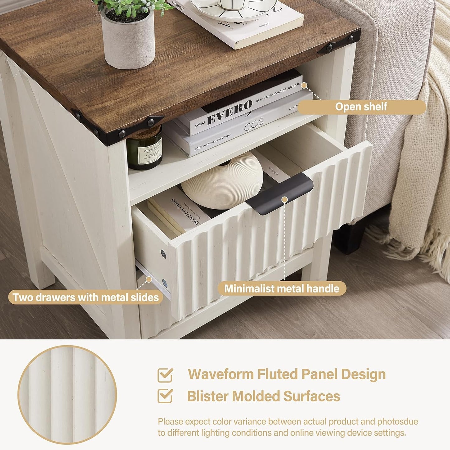 Antique White Night Stand with Charging Station - 20 Inch Farmhouse Fluted Bedside Table with 2 Drawers, Modern Wood End Side Table for Bedroom Home Study Storage
