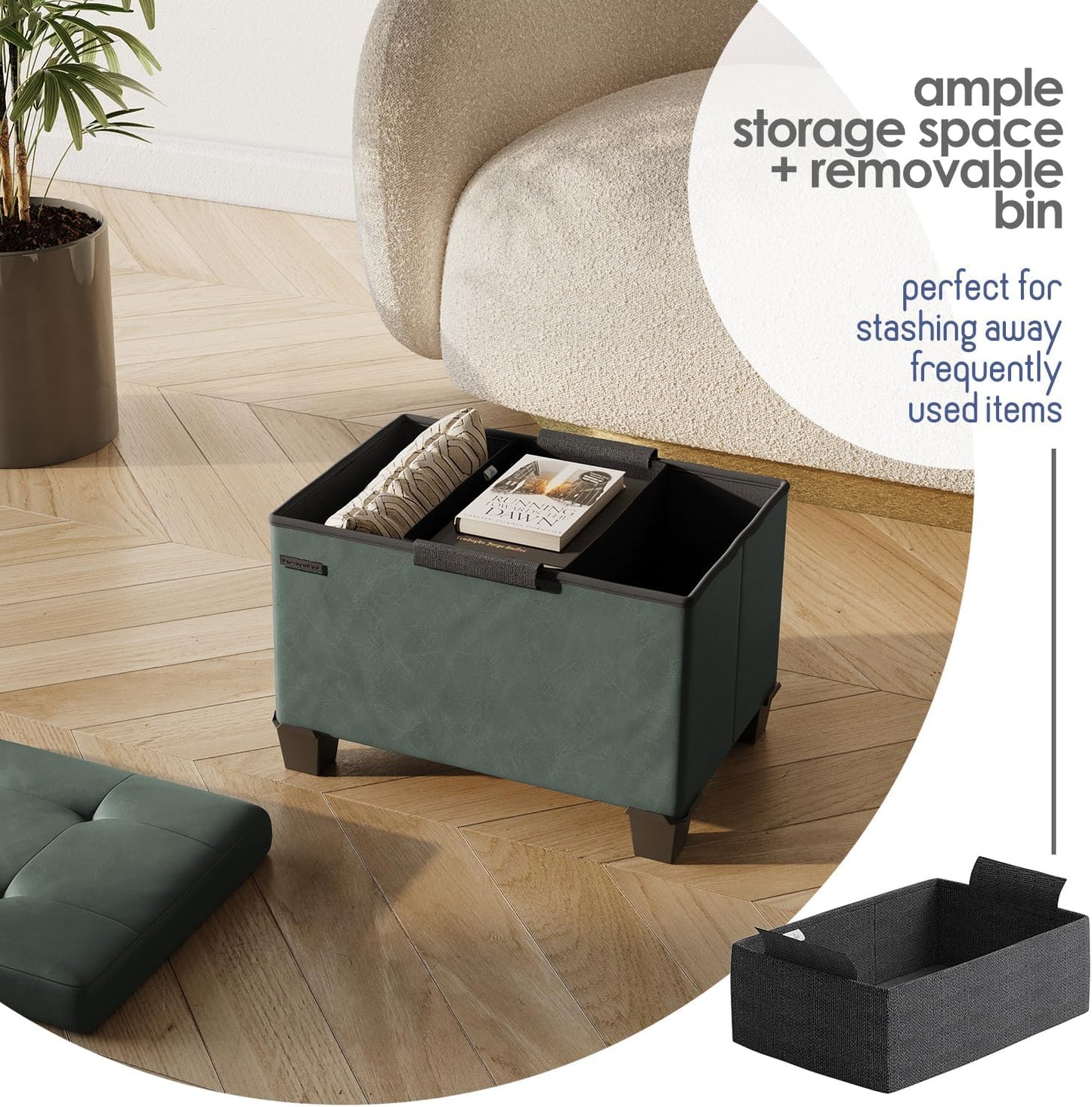 STORAGEBUD Storage Ottoman Cube with Small Bin, 16-in Square Ottoman with Storage for Living Room and Bedroom, Small Ottomans Foot Rest, Faux Leather Foot Stools Ottomans Max 330lbs, Green