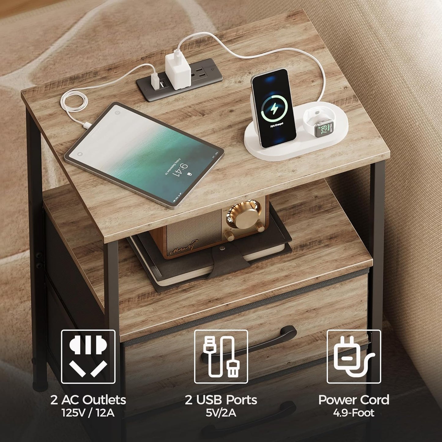 Nightstands Set of 2, Night Stand with Charging Station and Led Lights, Bedside Table with 2 Fabric Drawers for Bedroom, Small Side End Table with Open Shelf, Greige