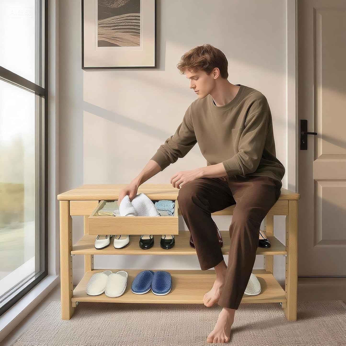 Wood Shoe Bench Entryway with Drawer: 2-Tiers Wooden Storage Shoe Rack with Bench Seat, Compact Mid-Century Modern Design for Entryway, Hallway,Closet,Front Door Entrance,Foyer Natural 43.3"