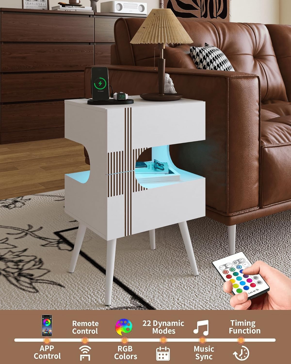 White Nightstand with Charging Station and LED Lights,Modern Bedside Table with 2 Storage Drawer,Night Stand with Solid Wood Legs,White (White-2)