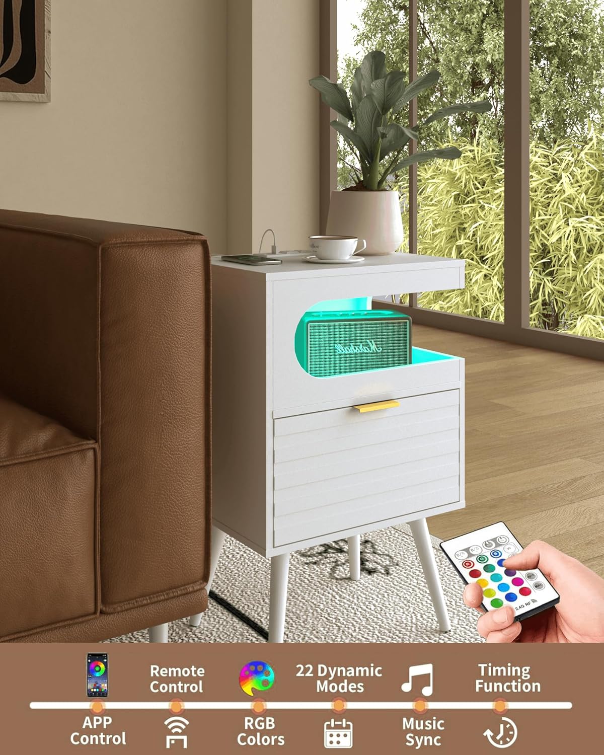 White Nightstand with Charging Station and LED Lights,Modern Bedside Table with Storage Drawer,Night Stand with Solid Wood Legs,White (White-1)