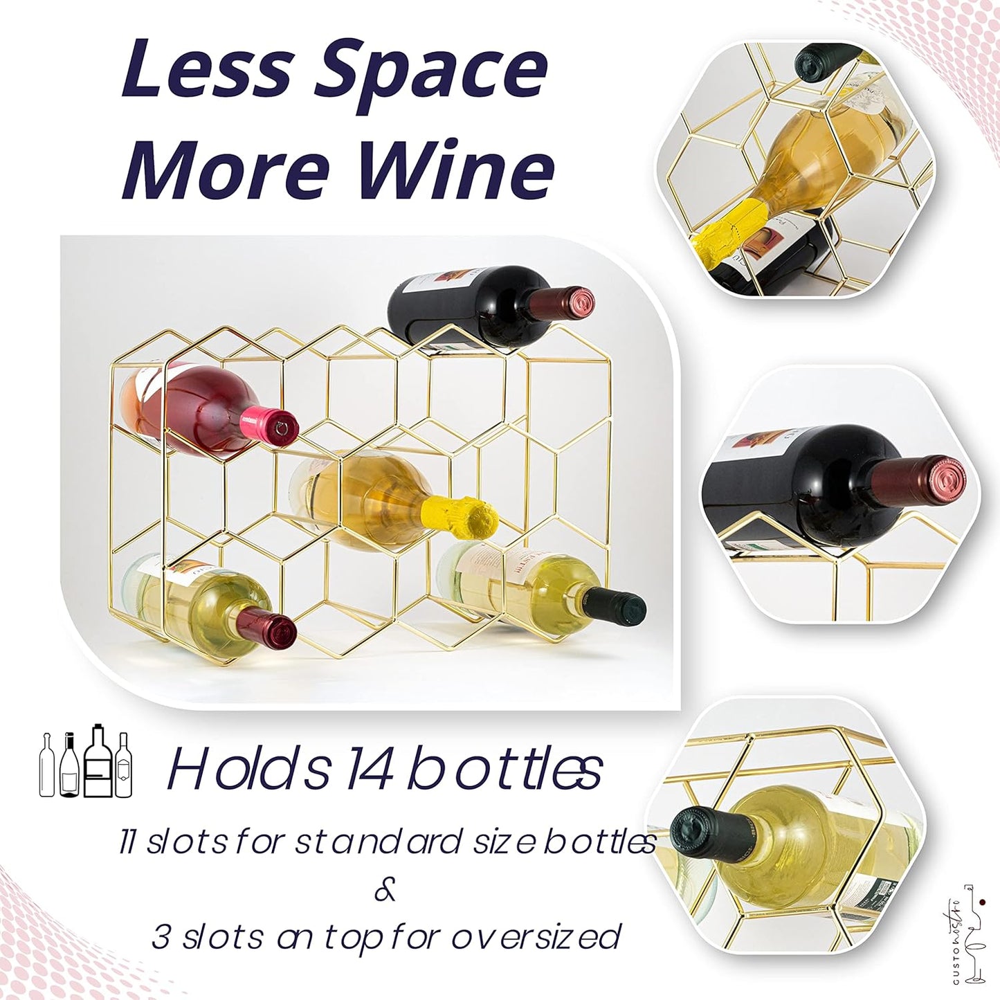 Gusto Nostro Countertop Wine Rack - 14 Bottle Freestanding Modern Gold Metal Small Wine Rack - 3 Tier Tabletop Wine Holder Stand for Cabinet, Pantry, Wine Bottle Storage - No Assembly Required