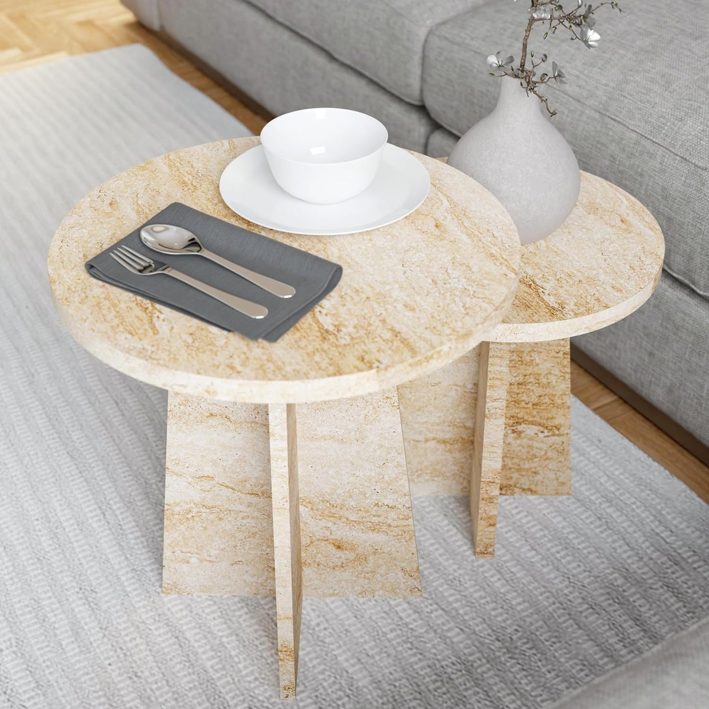 Travertine Efect Round Nesting Coffee Table Set of 2 Modern Coffee Table Small Side Table End Table for Living Room