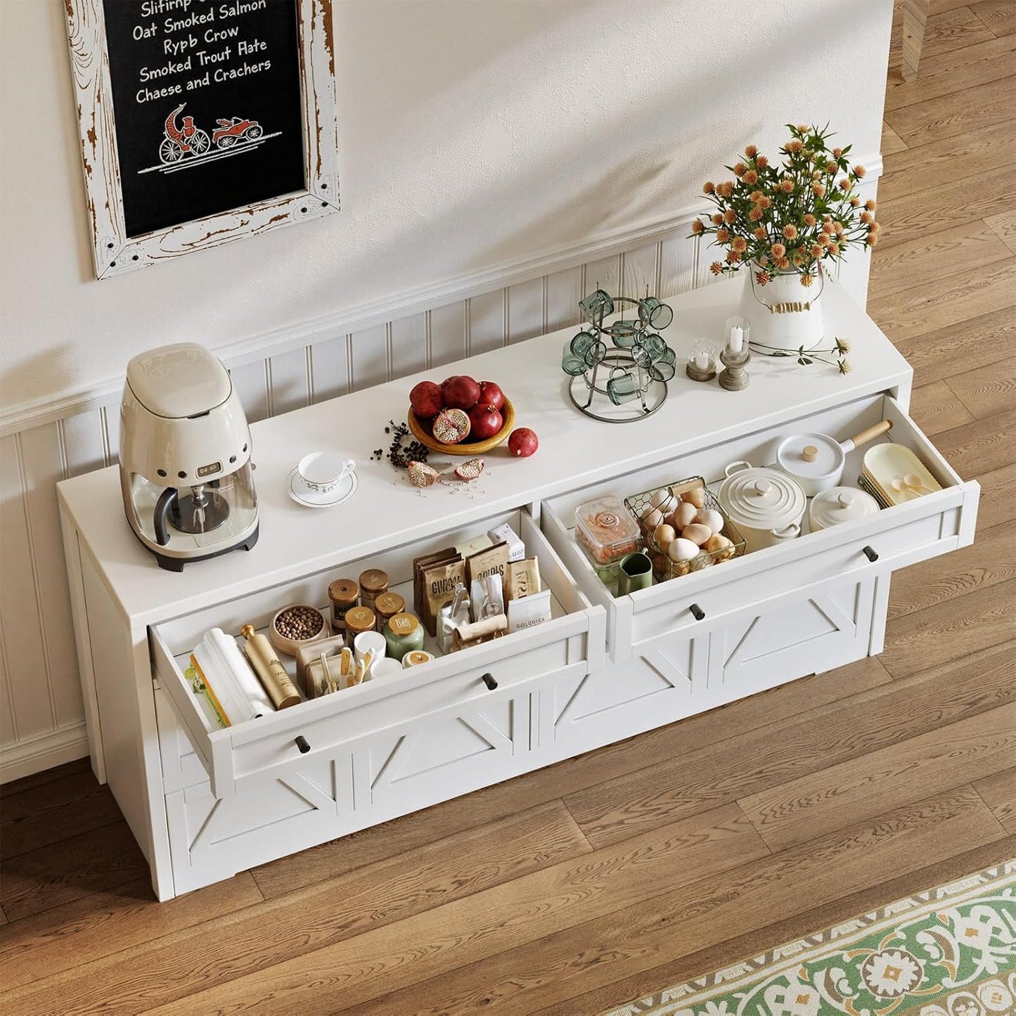 61'' Farmhouse Sideboard Buffet Cabinet with Storage, Large Kitchen Storage Cabinet with Barn Doors Drawers, White Coffee Bar Table for Dining Room Kitchen