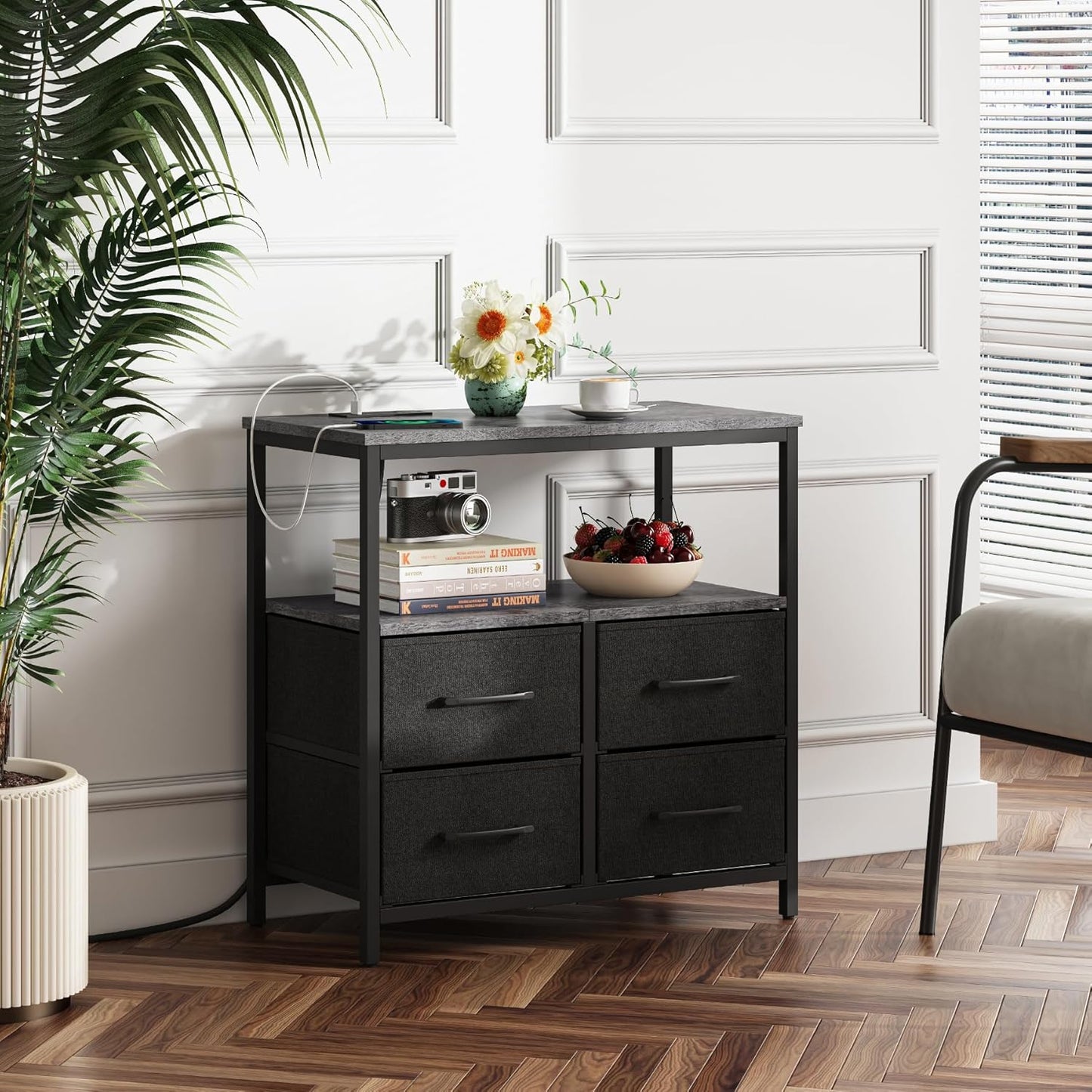 TUTOTAK Large Night Stand with Charging Station, Nightstand with USB and Type-C Port, Bedside Table with Cloth Drawers, End Table for Livingroom, Bedroom, Charcoal Grey TB01BY081