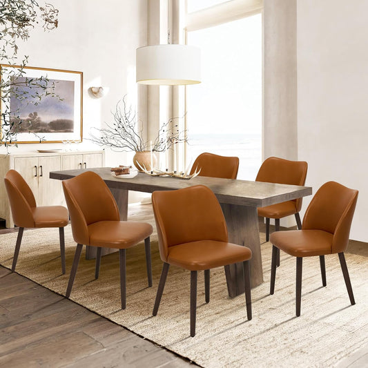 COLAMY Upholstered Dining Chairs Set of 6, Modern PU Leather Dining Room Kitchen Side Chair with Padded Seat and Wood Legs Restaurant/Cafe,Light Brown