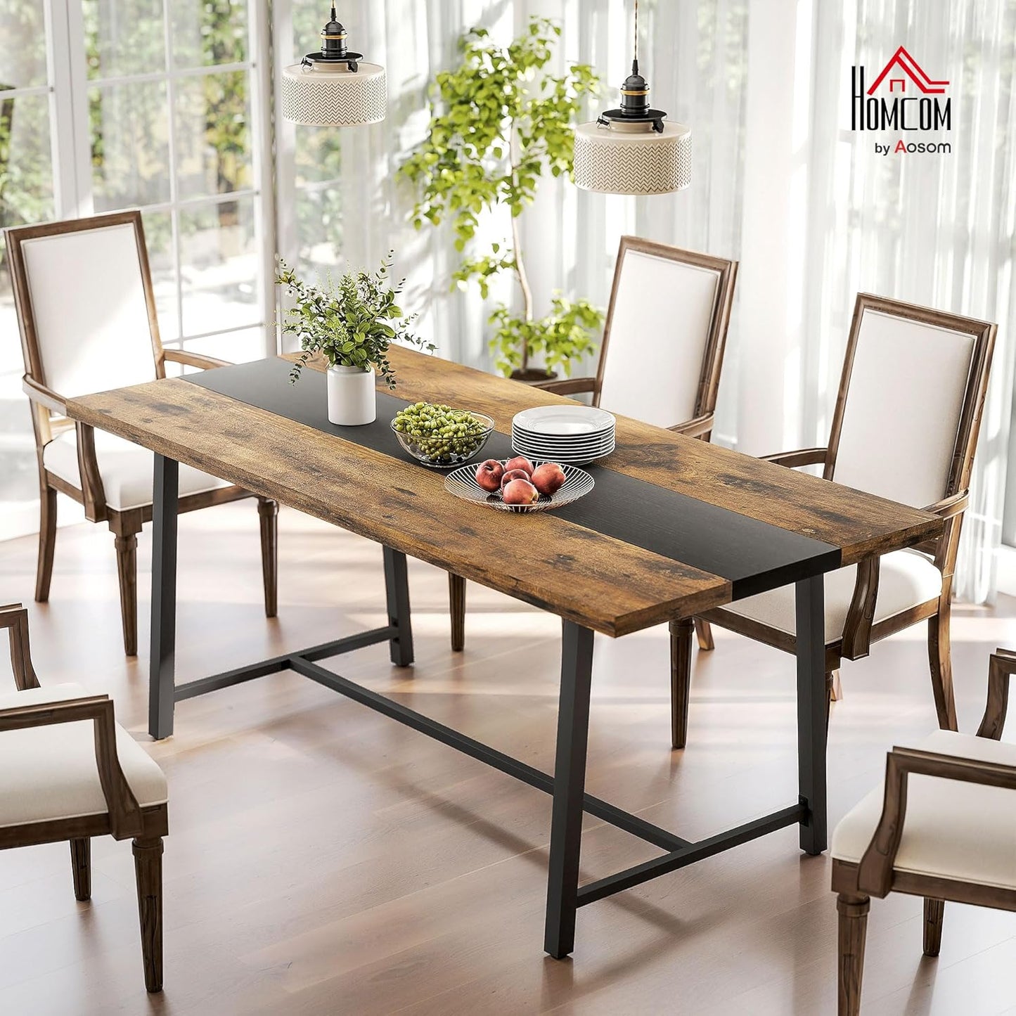 HOMCOM Industrial Dining Table for 8 People, 70.9" Long Rectangular Kitchen Table with Large Tabletop and Steel Legs for Dining Room, Rustic Brown