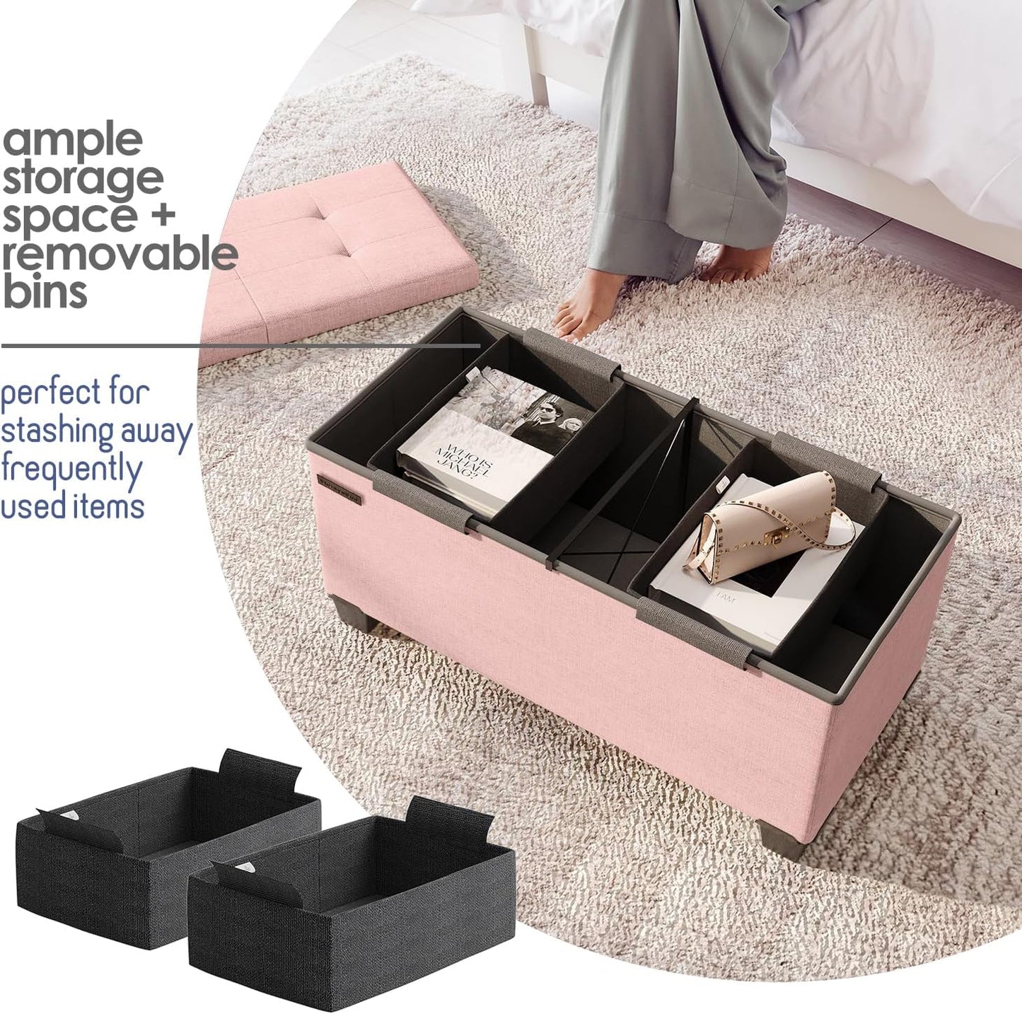 STORAGEBUD Storage Ottoman Bench with Bins, 30-in Storage Bench for Bedroom End of Bed, Folding Foot Rest Ottoman for Living Room Max 660lbs, Fabric Ottomans, Pink