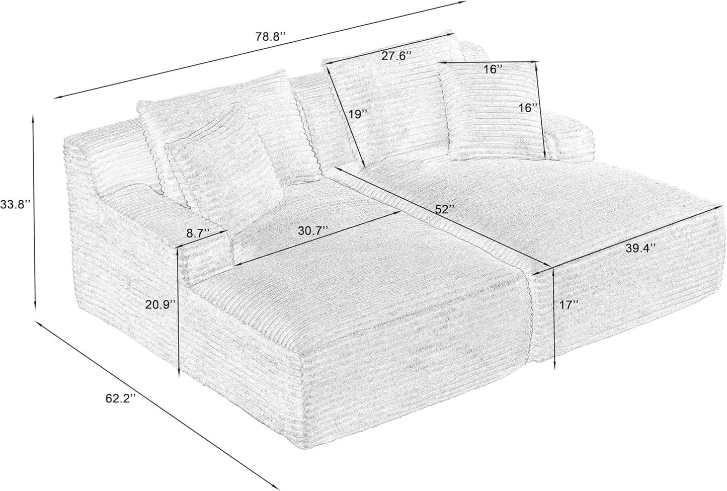 ERYE 79" Oversized Double Chaise Lounge Indoor Sleeper Recliner Sofabed with 4 Pillows, Fluffy Corduroy Loveseat Sleeper Chaise Daybed 2 Pieces Boneless Chair Sofa Bed for Living Room Bedroom Reading