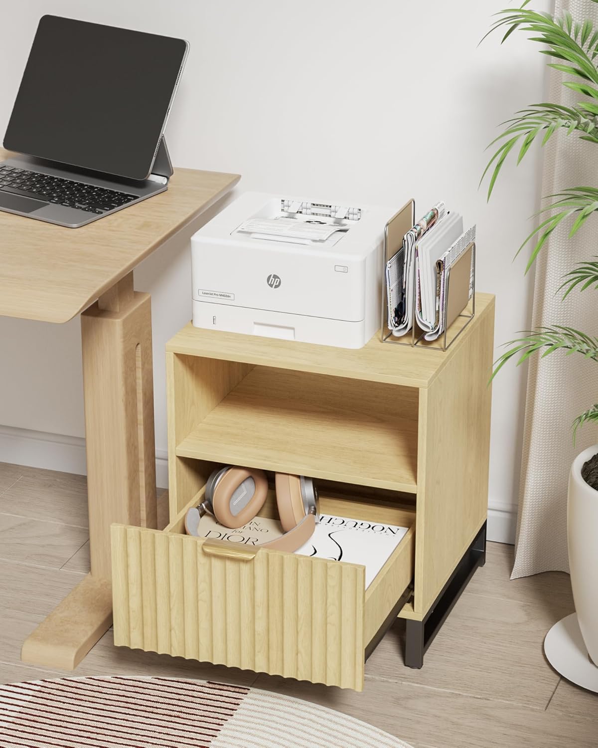 Fluted Night Stand with Charging Station, Wood Nightstand with Large Drawer and Open Storage Cabinet, Mid-Century Modern Bedside Table End Table for Bedroom Closet Office