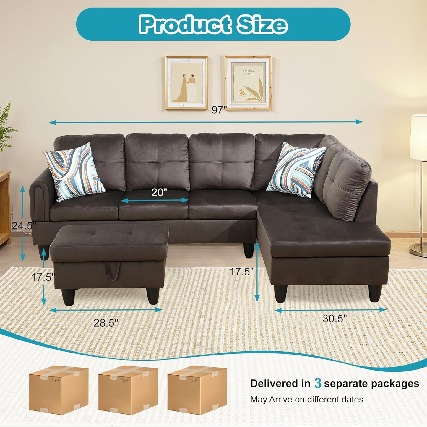 Couches for Living Room Modern L Shaped Couch Comfy Flannel Fabric 3 Pieces Sectional Sofa with Chaise, Ottoman with Storage for Office and Small Apartment, Dark Brown