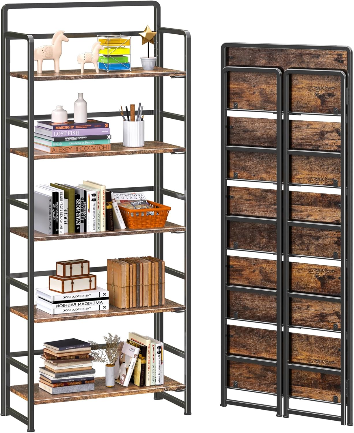 4NM No-Assembly 5 Tiers Folding Bookshelf Storage Shelves Vintage Bookcase Standing Racks Study Organizer Home Office (Rustic Brown Black)